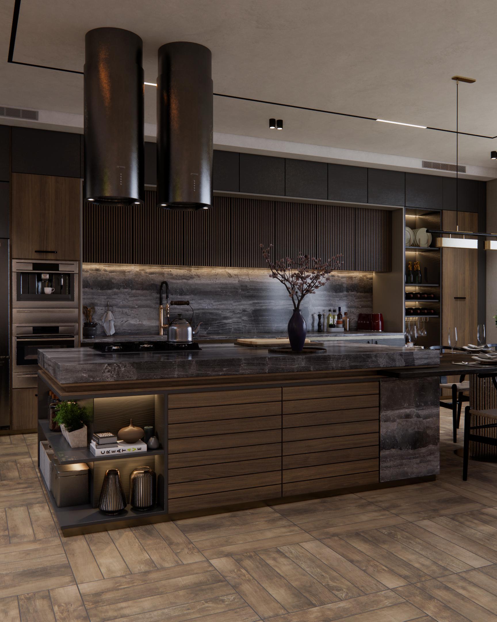 Modern Kitchen with walnut wood and dark tones for a moody feel. design & render by me [1728×2159] : r/RoomPorn