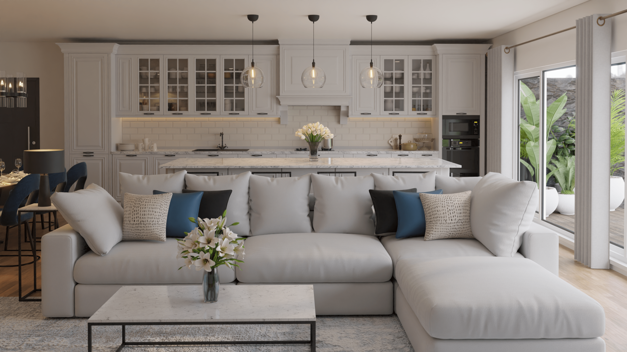 Modern Open-Plan Living Design with Kitchen, Dining and Living Areas