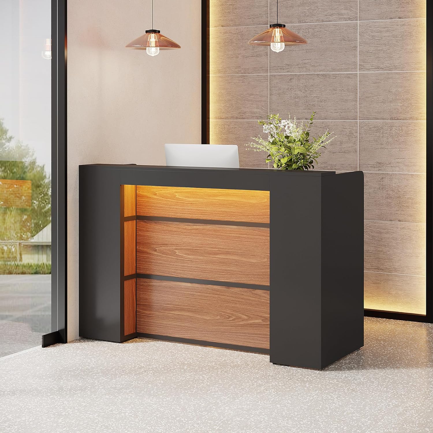 Modern Reception Desk, Large Counter Table Front Desk with LED Lights, Brown & Black