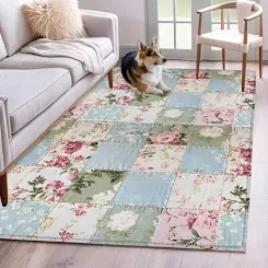 Green Blue Pink Botanical Area Rug 3x...