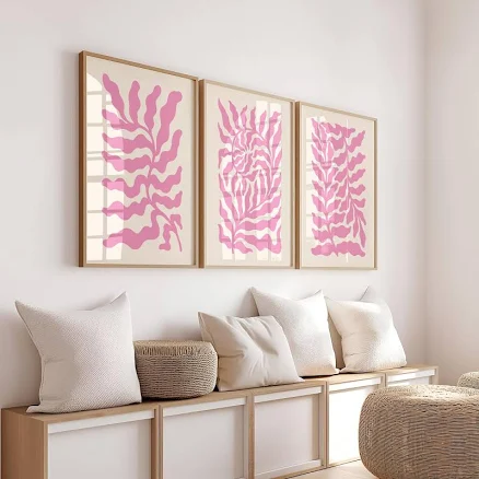 Pink Abstract Leaf Print Set, Minimal...
