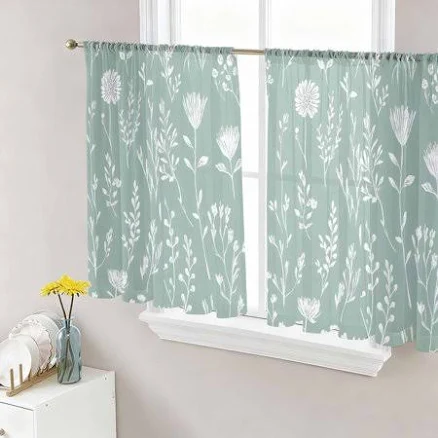 White Teal Spring Floral Semi Sheer C...