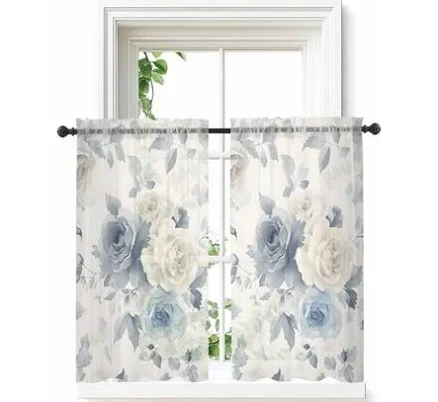 Blue White Floral Tier Curtains 45 In...