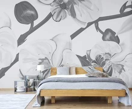 White and gray wallpaper with flowers...