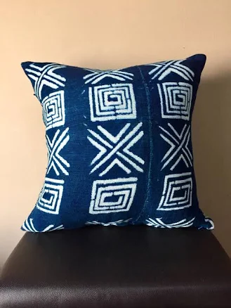 Tribal Indigo Mudcloth Throw Pillow C...