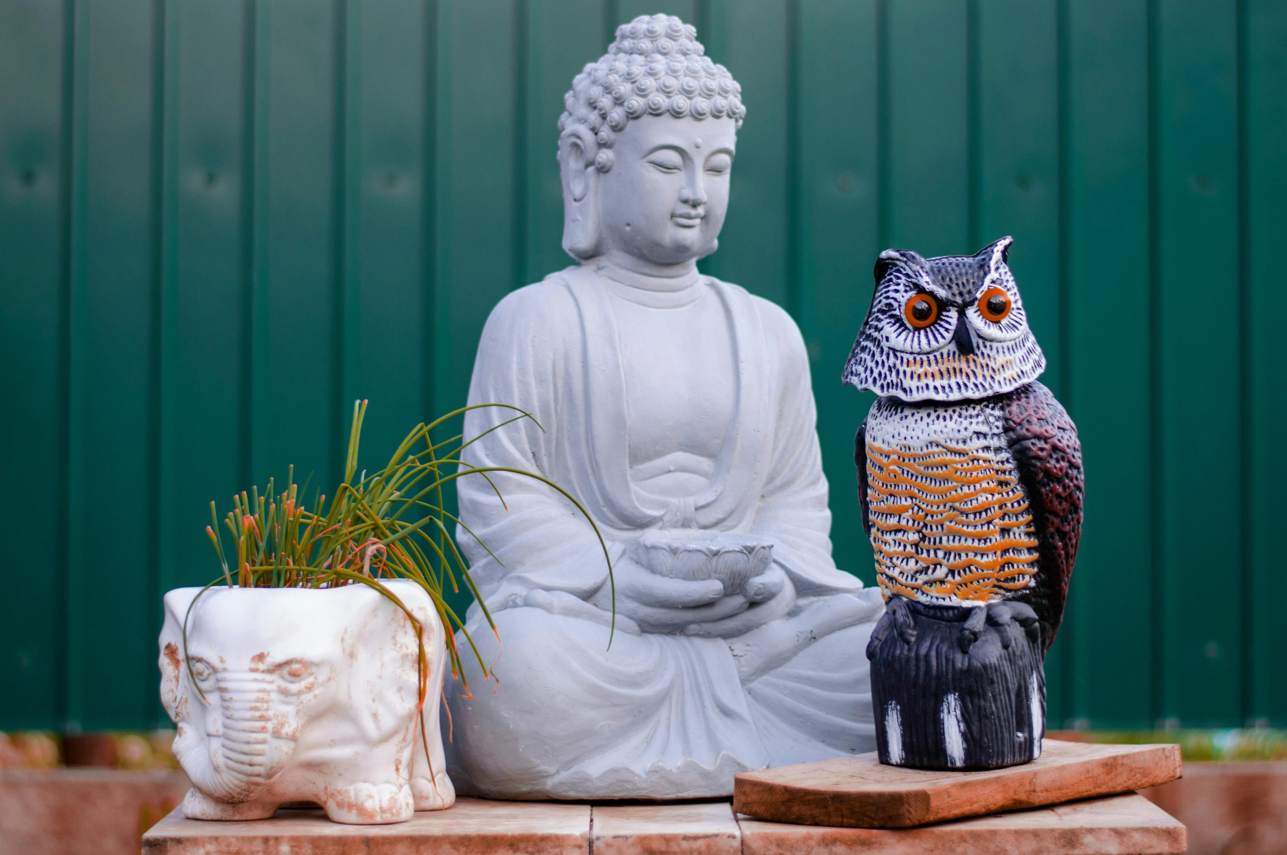 Serene Buddha sculpture with owl figure and potted plant, outdoors.