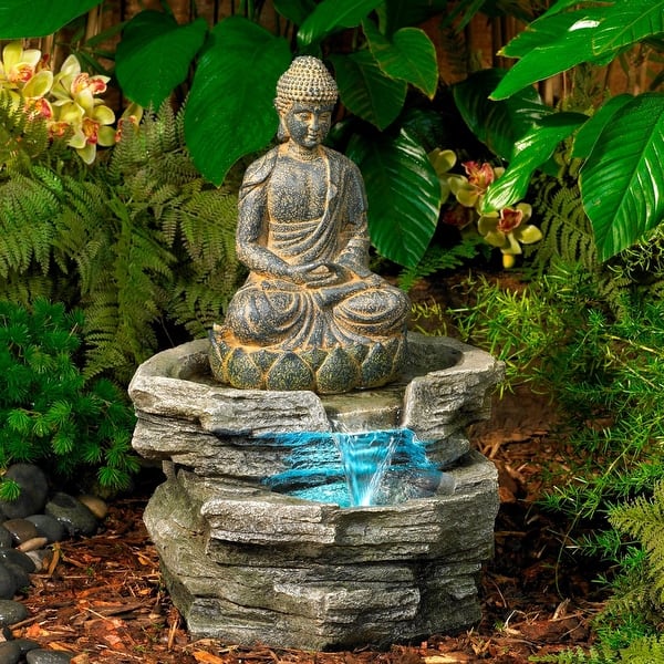 Sitting Buddha Rustic Zen Outdoor Floor Water Fountain 21' High with LED Light Meditation Decor for Garden Patio Backyard Deck - Bed Bath & Beyond - 37669557