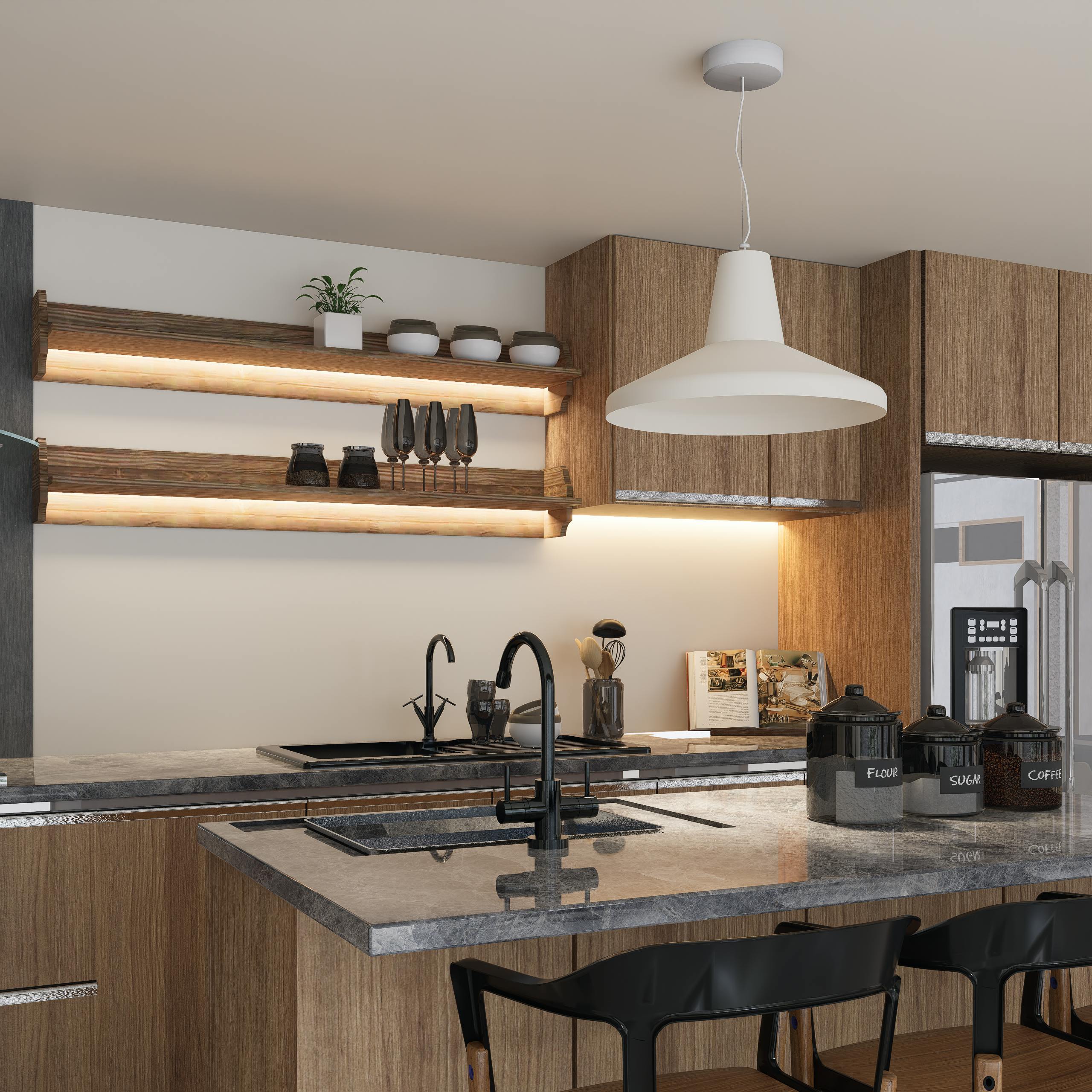 Sleek kitchen design featuring wooden cabinets, open shelves, and stylish lighting.
