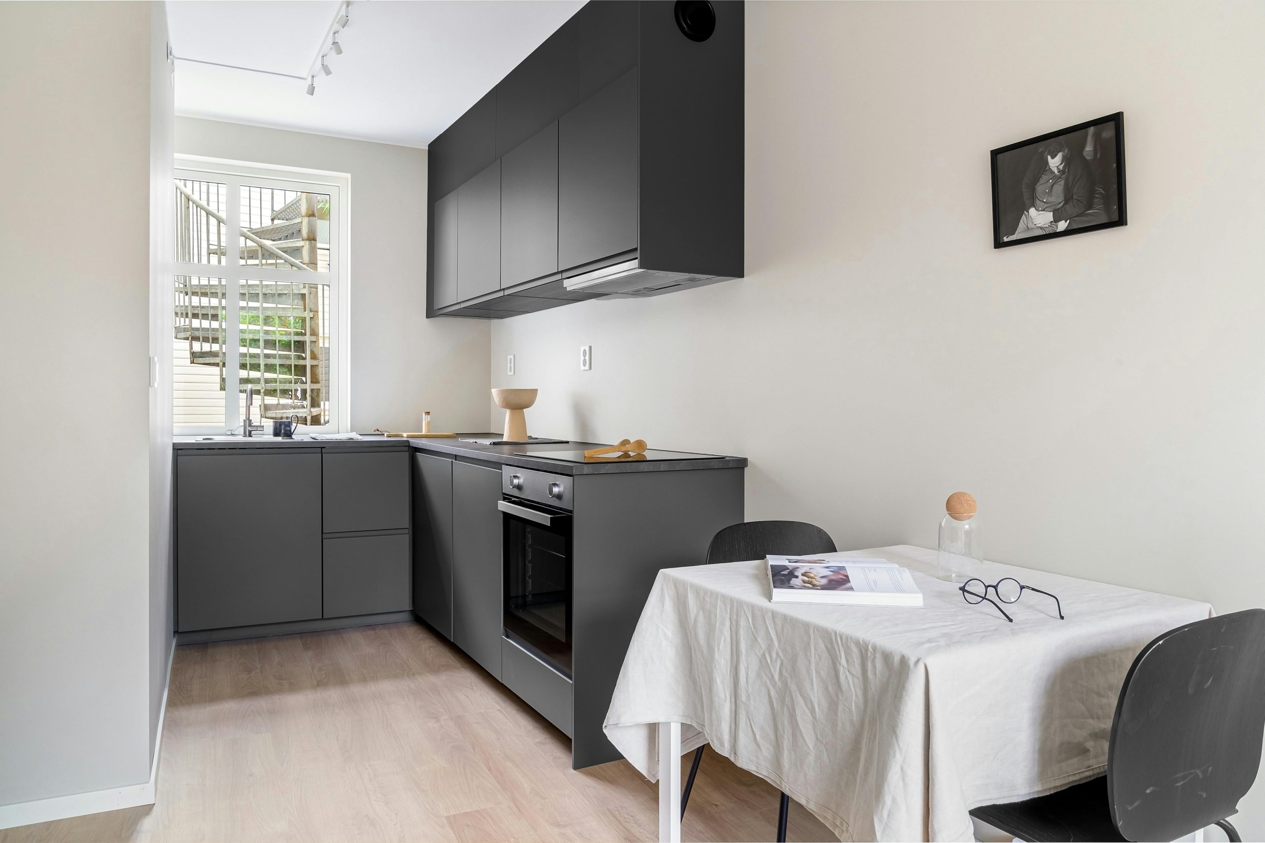 Sleek modern kitchen with dark cabinetry and minimalist decor.