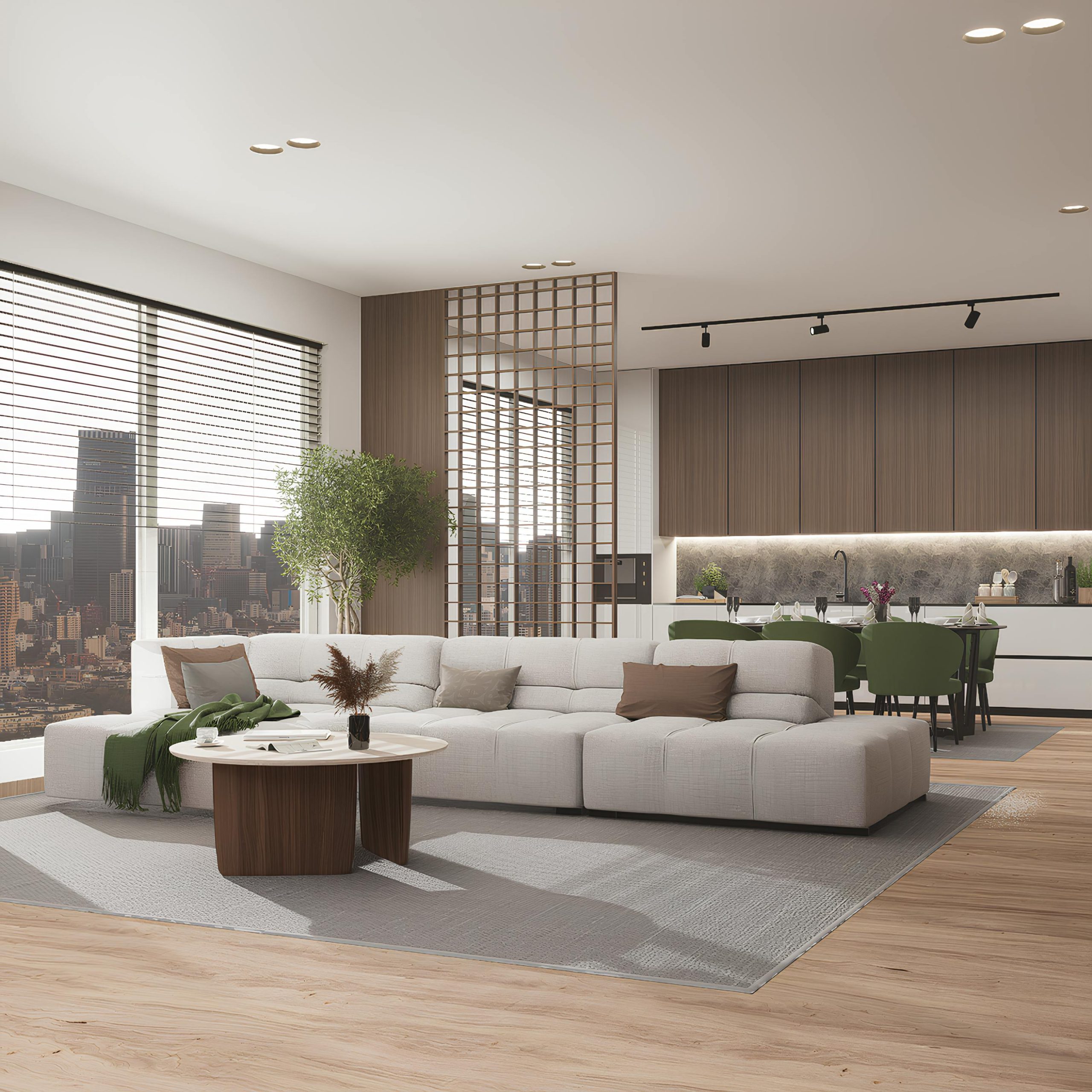 Stylish open-plan living room and kitchen in modern urban apartment with city view.