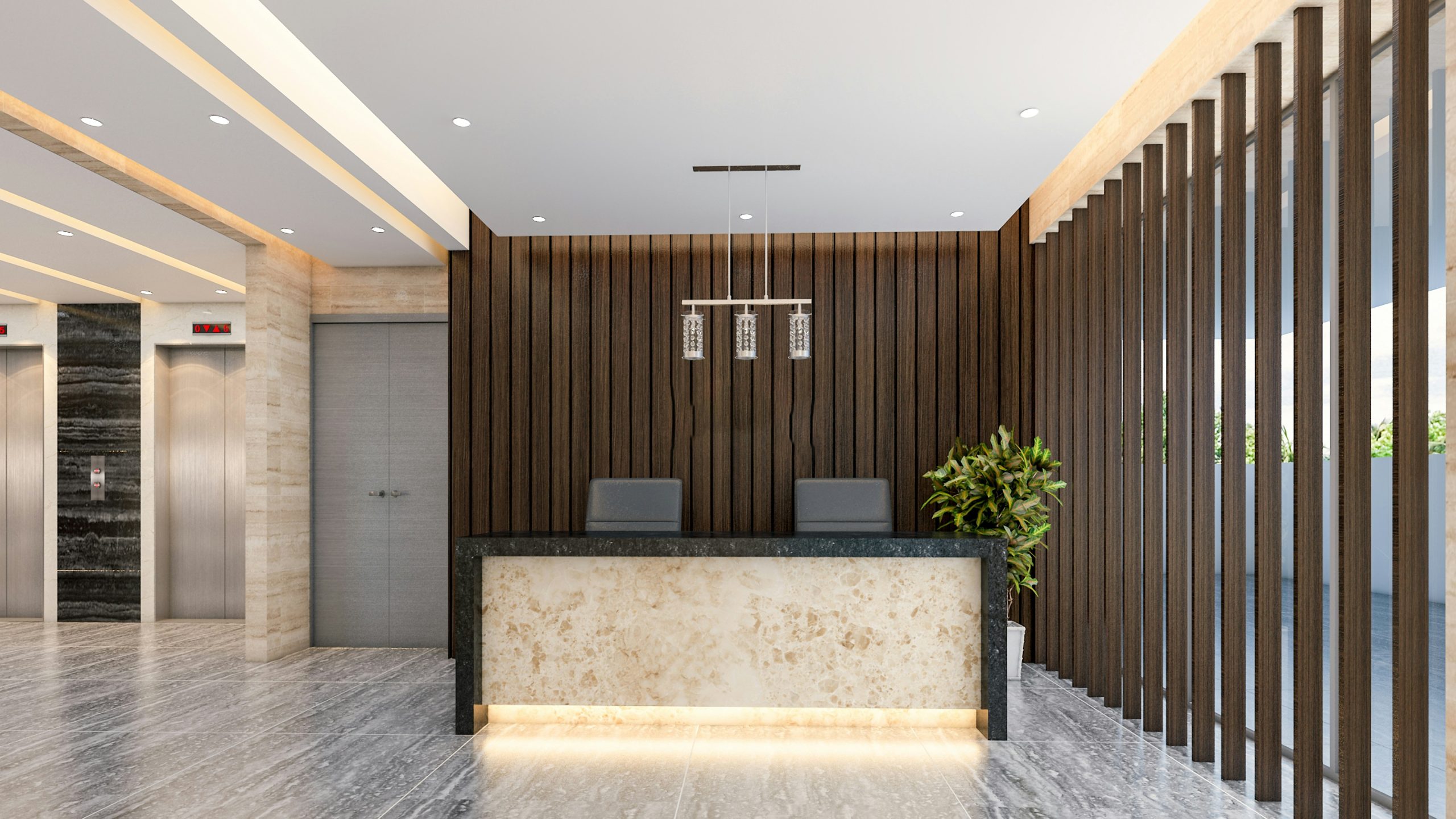 The image is a frontal view of a luxurious, modern reception area within a building lobby. A prominent reception desk, with a polished black granite or stone top and a glowing, translucent marble base
