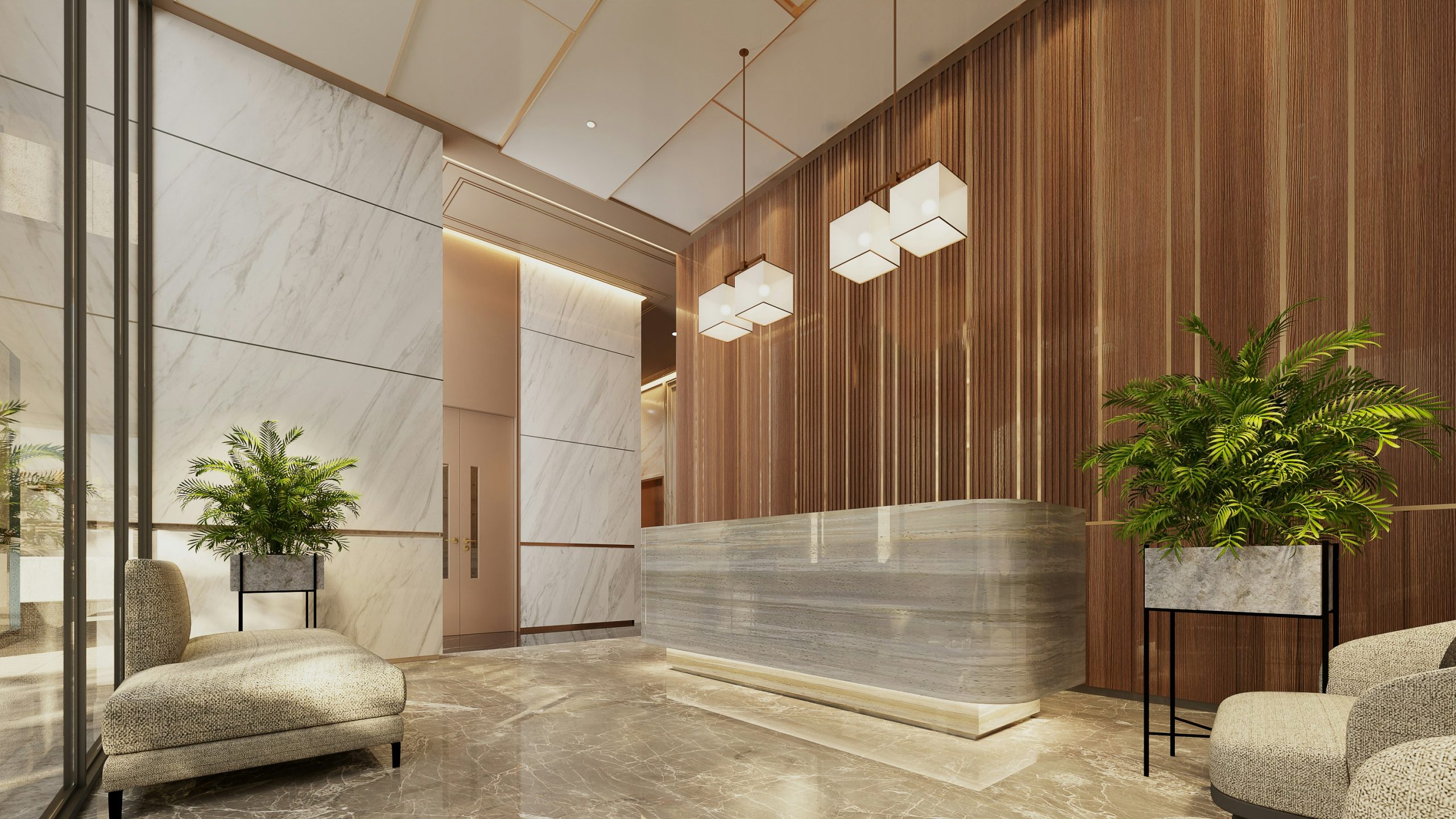 This is a modern and luxurious hotel or office lobby featuring elegant design elements. The space includes polished marble floors, sleek wooden paneling on the walls, and contemporary pendant lights a