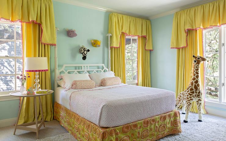 Yellow and Blue Girls Bedroom with White Lattice Headboard - Contemporary - Girl's Room
