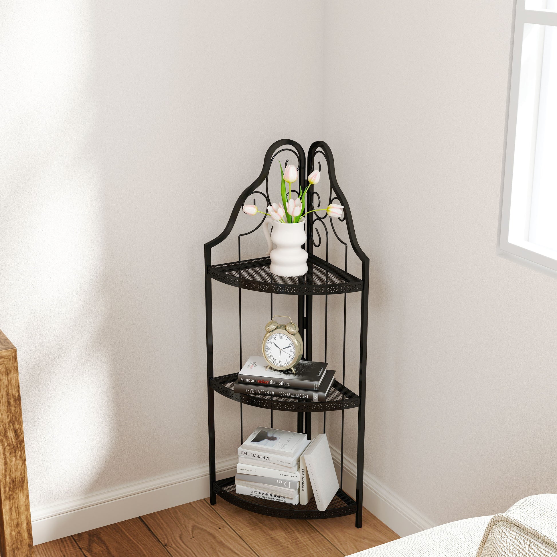 3 Tier Corner Open Shelf,Bookcase Freestanding Shelving Unit,Plant Sta