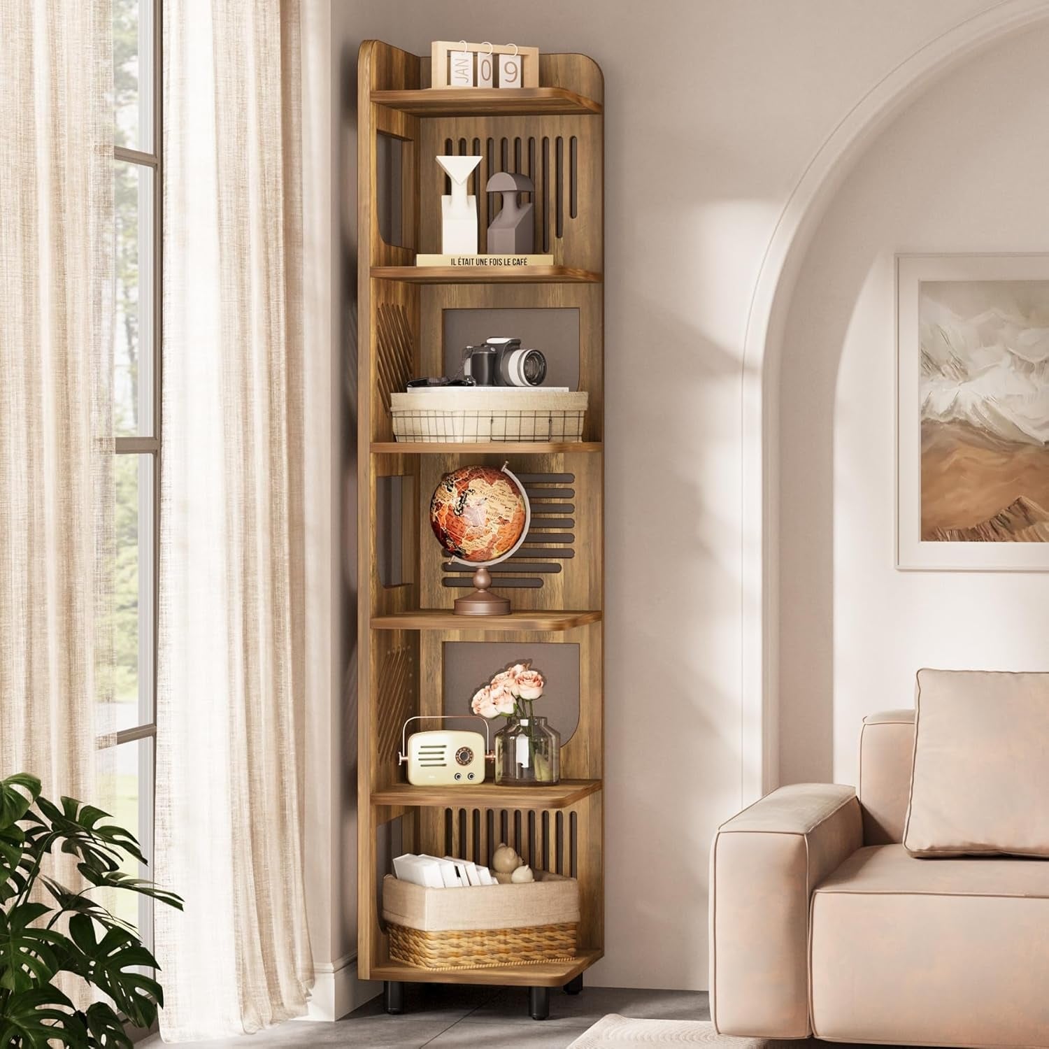 6-Tier Tall Brown Wood Corner Shelf, 71 Inches Corner Bookshelf for Living Room - Bed Bath & Beyond - 42216145