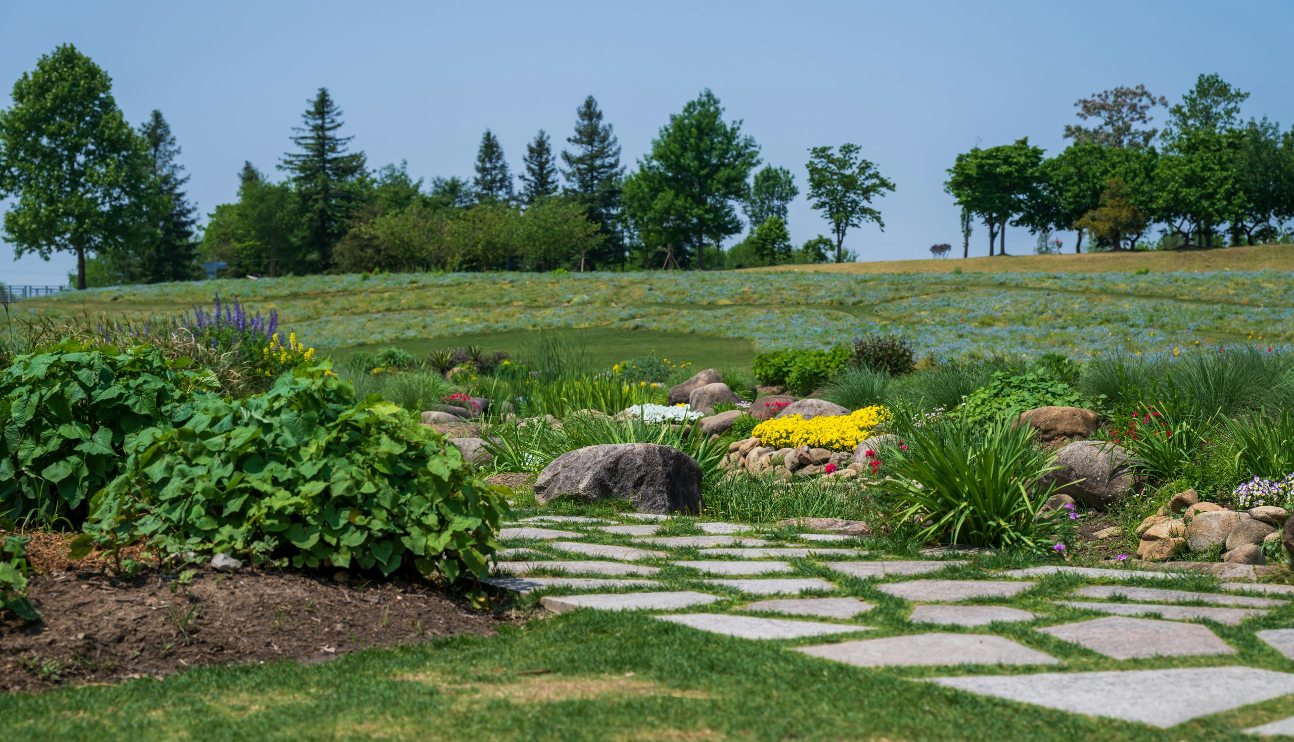 A beautiful garden path leads to rolling hills.