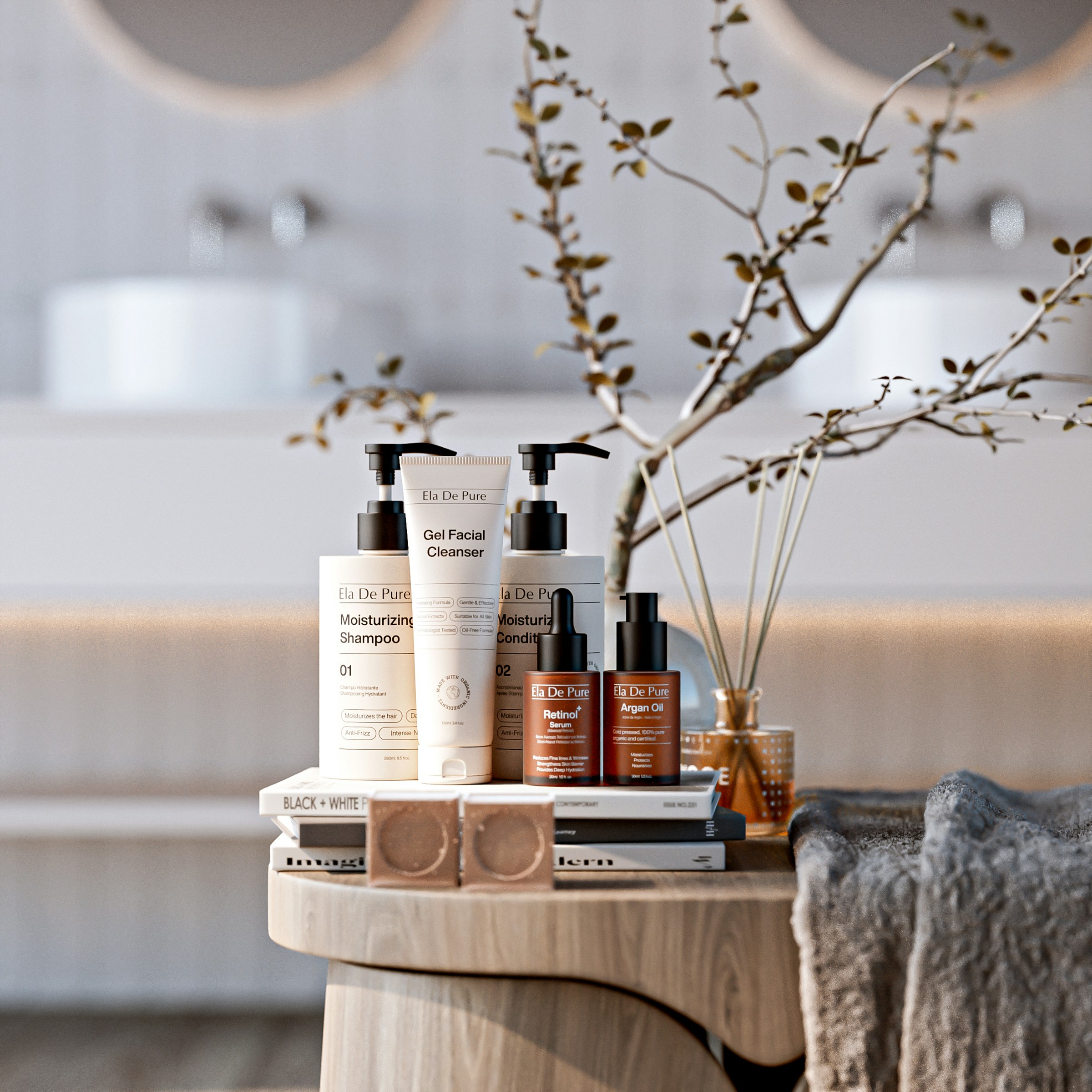 A calm, editorial-style product scene featuring a curated set of Ela De Pure skincare and haircare products displayed on a minimalist wooden table. The collection includes a gel facial cleanser, moist
