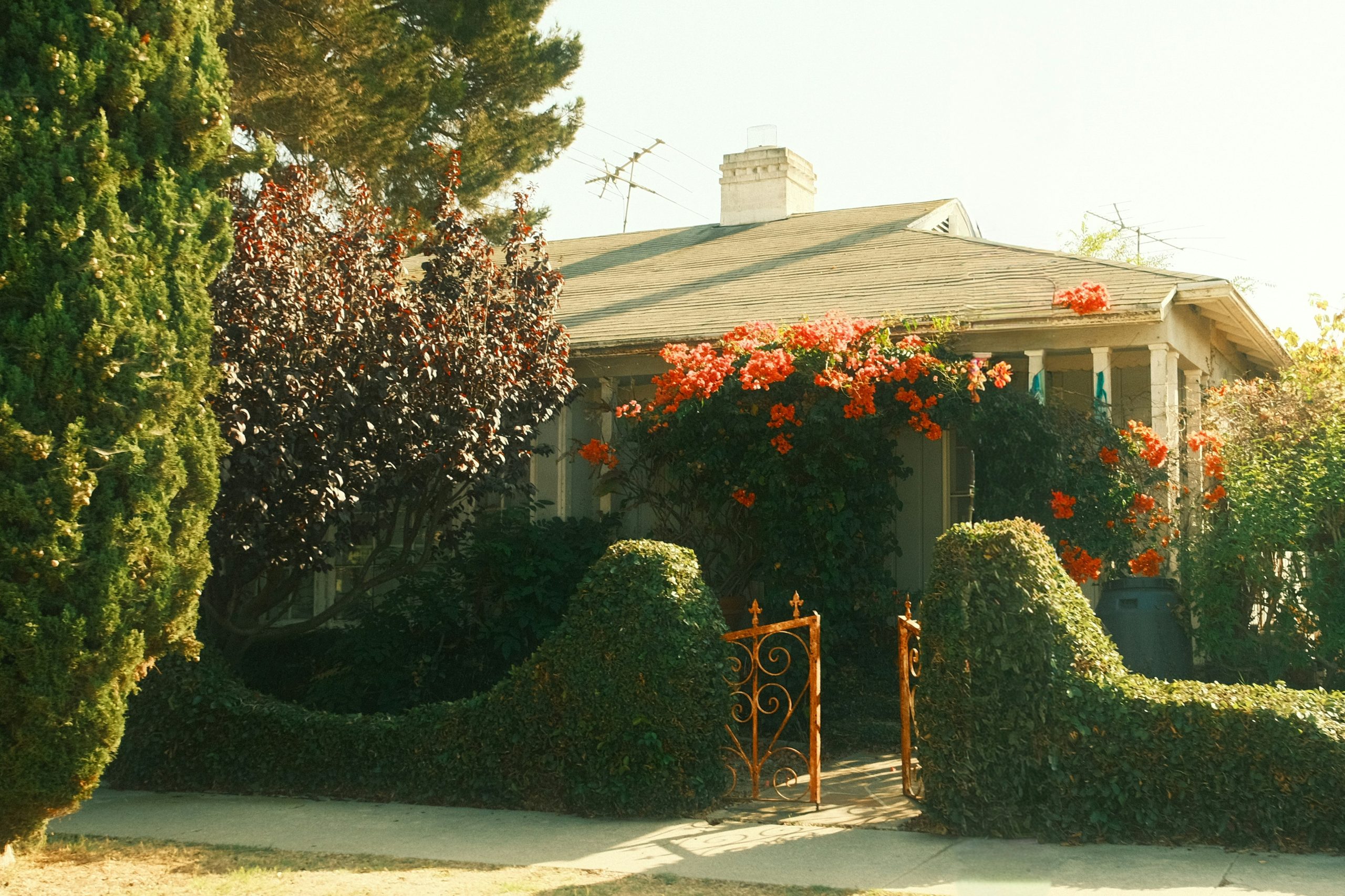 A charming house with blooming red flowers and orange flowers.