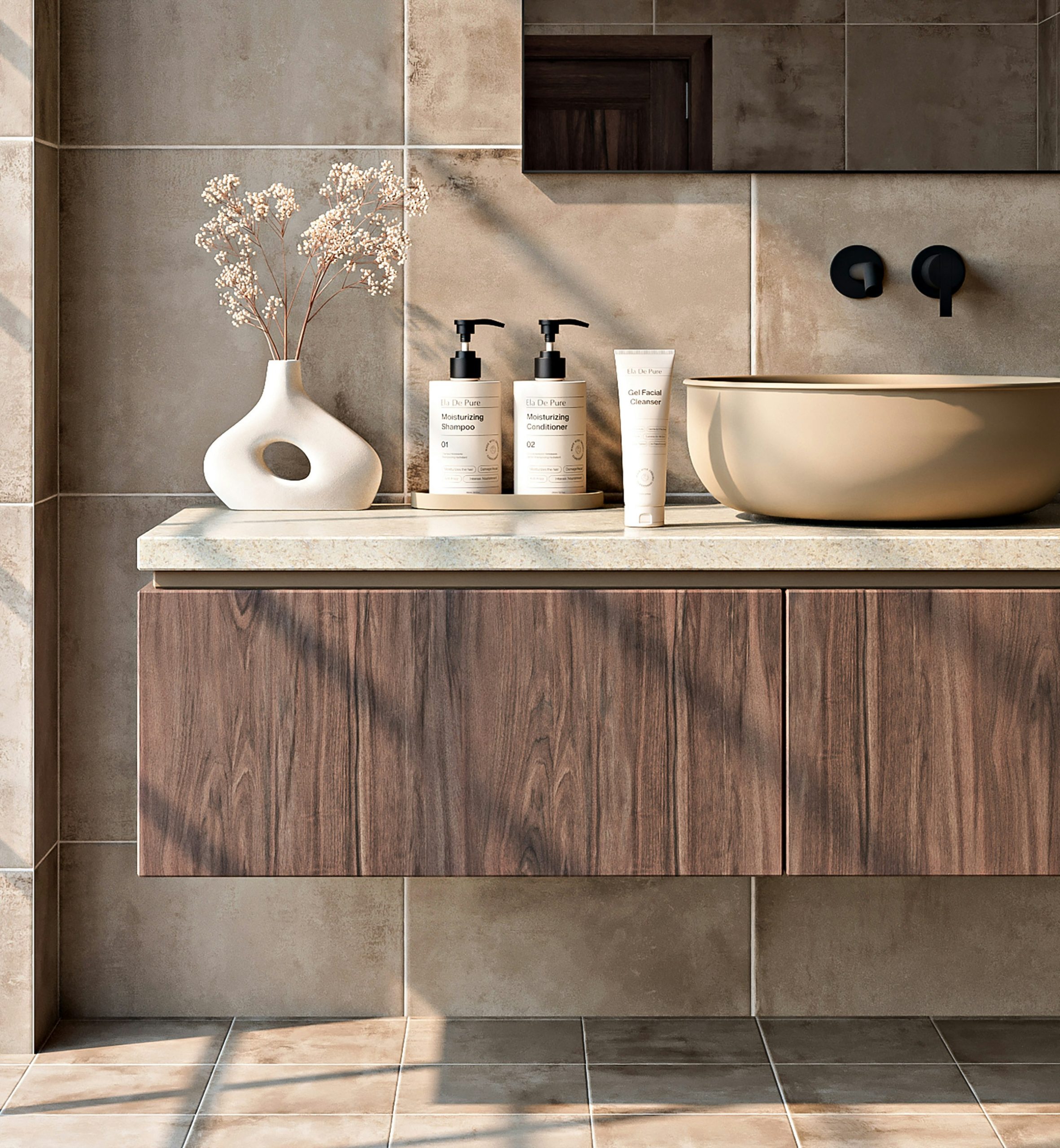 A serene bathroom scene bathed in soft sunlight, featuring minimalist wooden cabinetry, a modern ceramic sink, and Ela De Pure skincare and haircare products placed elegantly on the counter — a perfec
