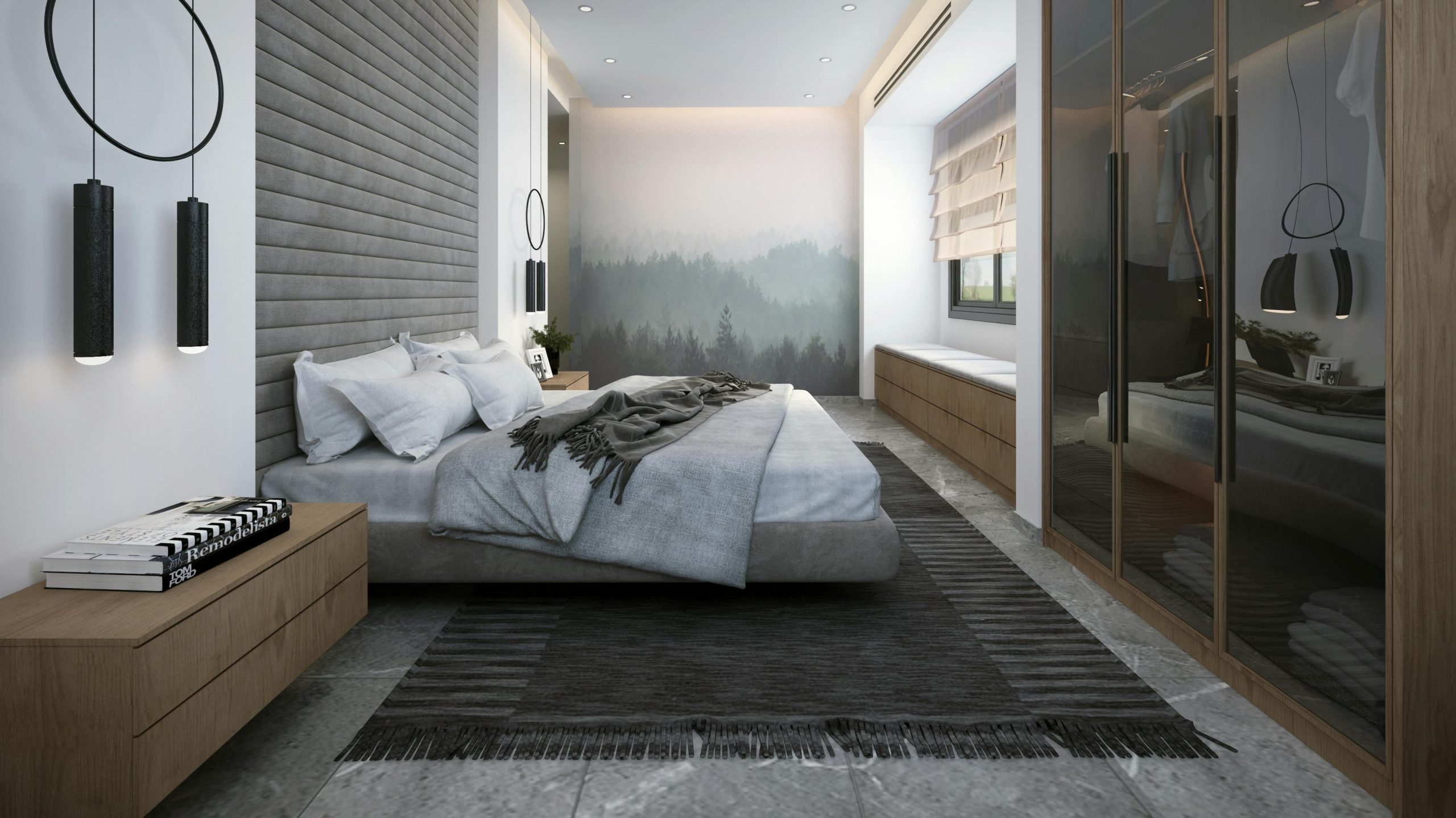 A sleek, modern bedroom with minimalist decor and calming muted colors.