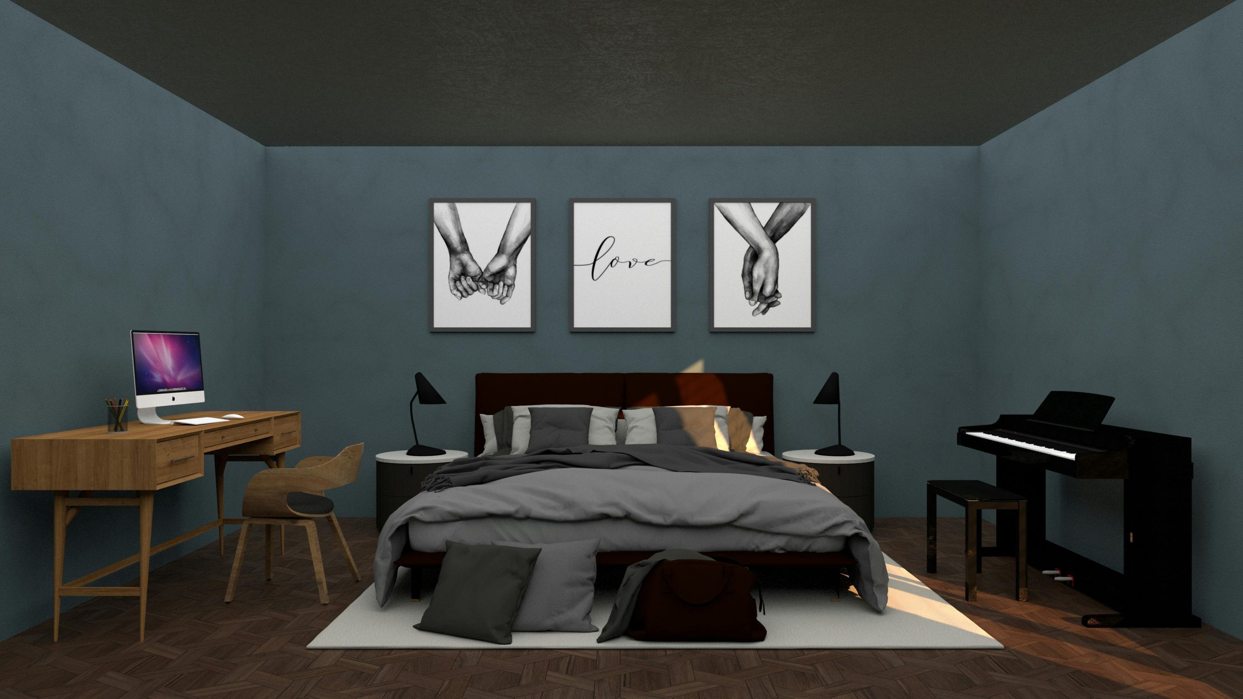 A stylish bedroom featuring a comfortable bed, elegant desk, digital piano, and artistic wall decor for a cozy home interior.