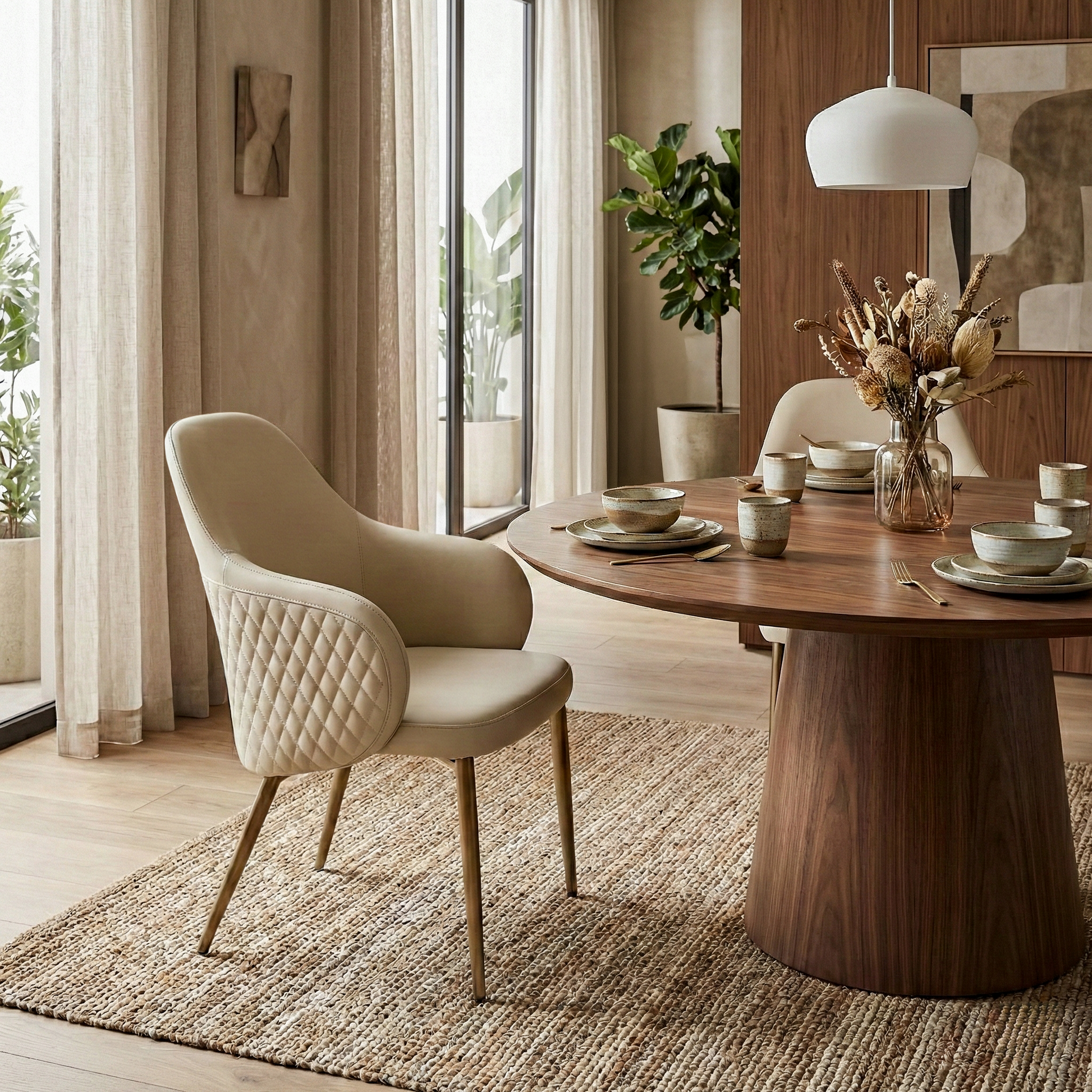 Acalay, Upholstered Dining Arm Chairs Set of 2, Beige