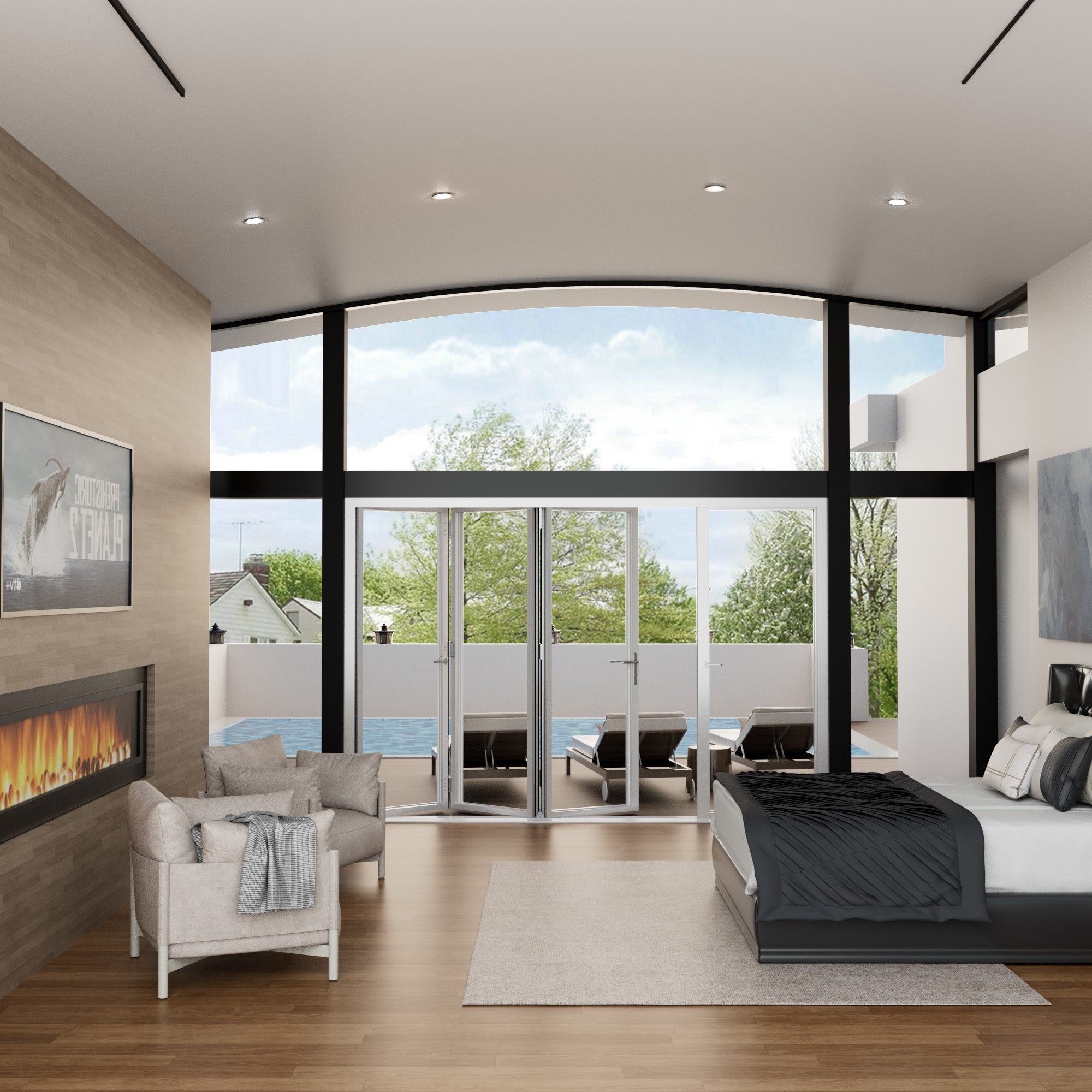 Ark Design 4 Panel Center Opening Outswing Double Tempered Glass White Aluminum Folding Patio Door, 144in x 96in (Left)