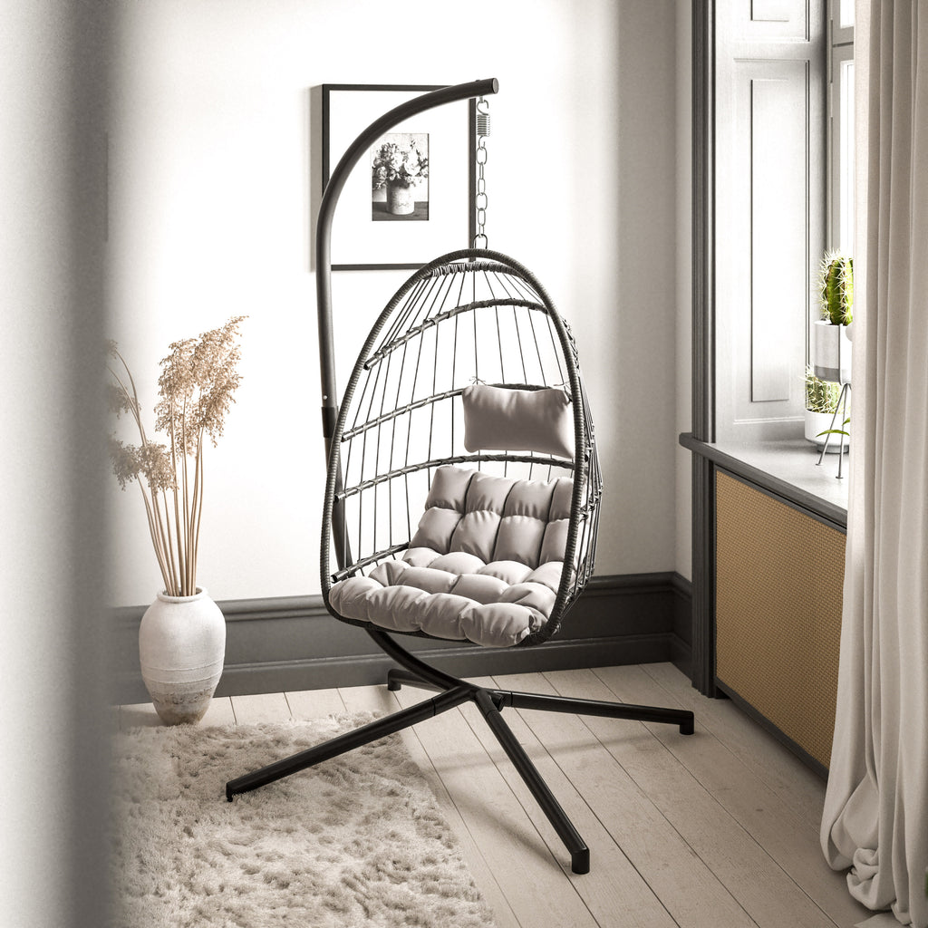 Awen Foldable Hanging Egg Chair with Woven Finish, Removable Cushions, — emma-and-oliver