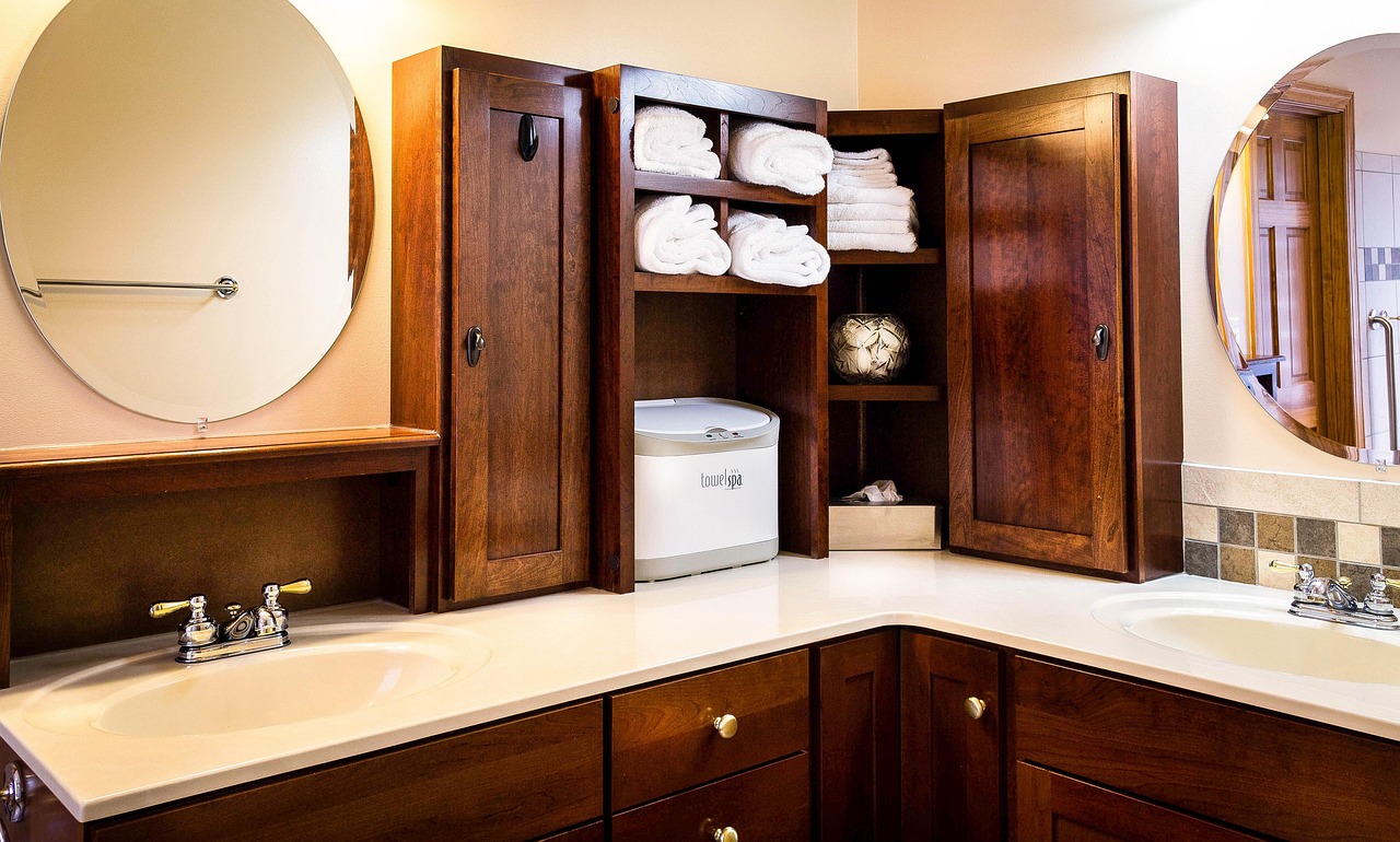 bathroom, sinks, mirrors, medicine cabinet, towel warmer, cabinets, shelves, storage, towels, soap, faucet, brown bathroom, brown medicine, brown mirror, brown soap, bathroom, bathroom, bathroom, bath