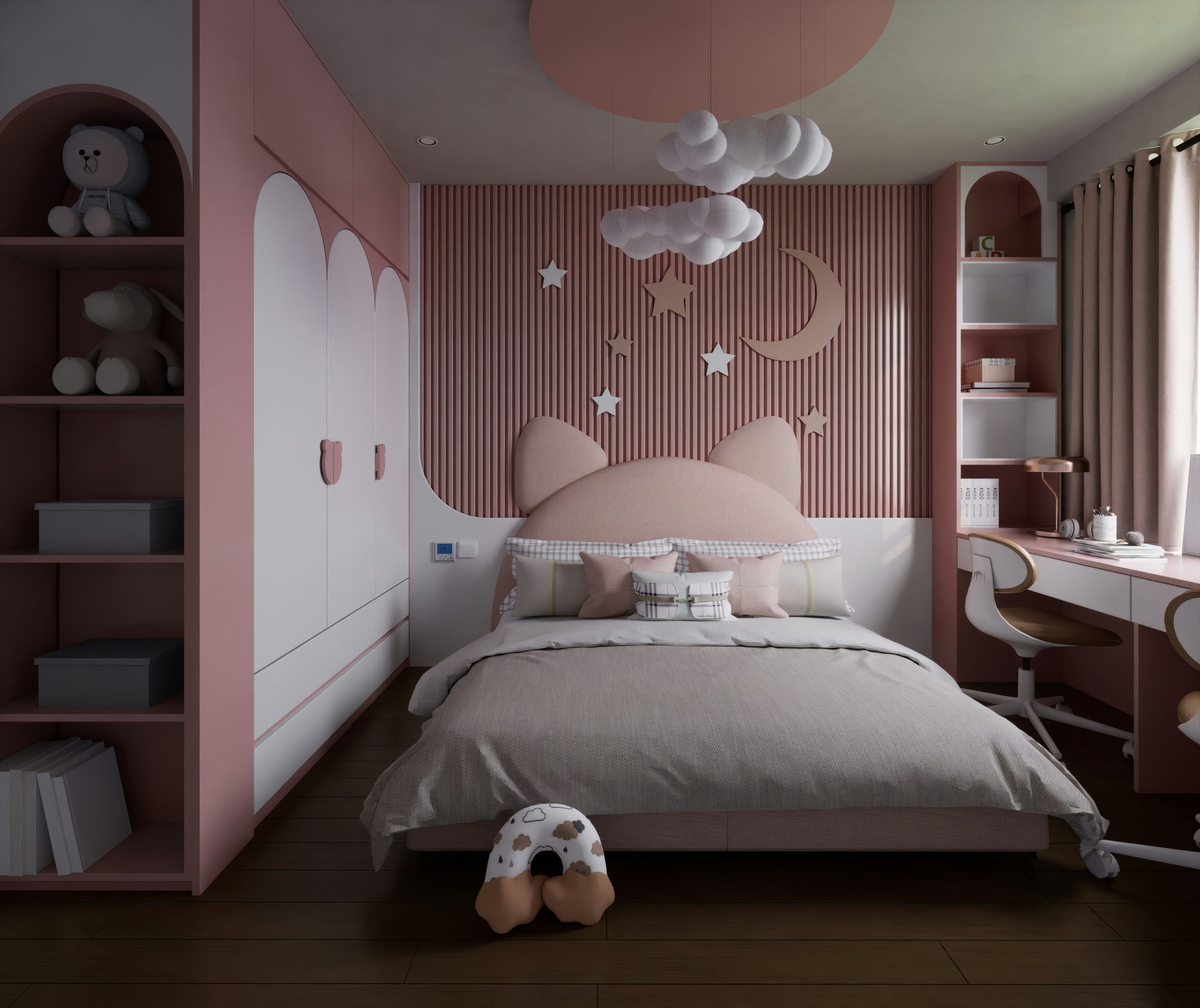 bedroom interior (pink and white)