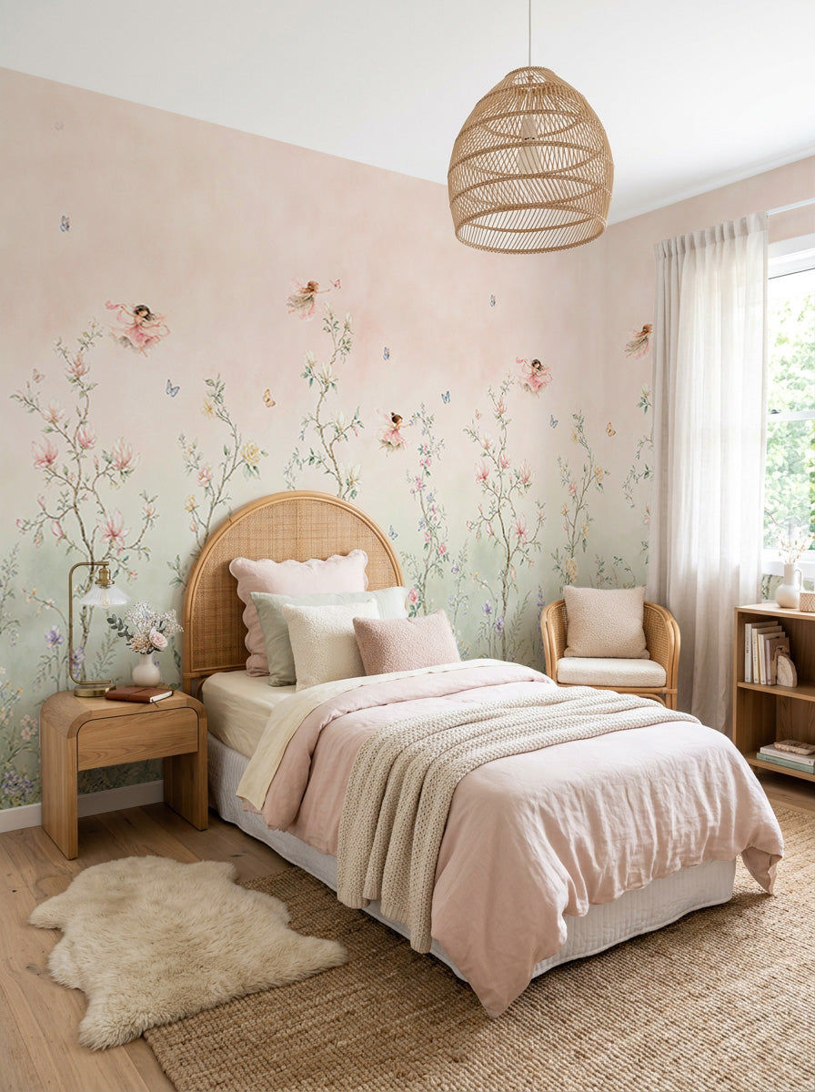 Chinoiserie Fairy Garden Pink & Sage Girls Bedroom Wallpaper Kids Mural – Olive et Oriel