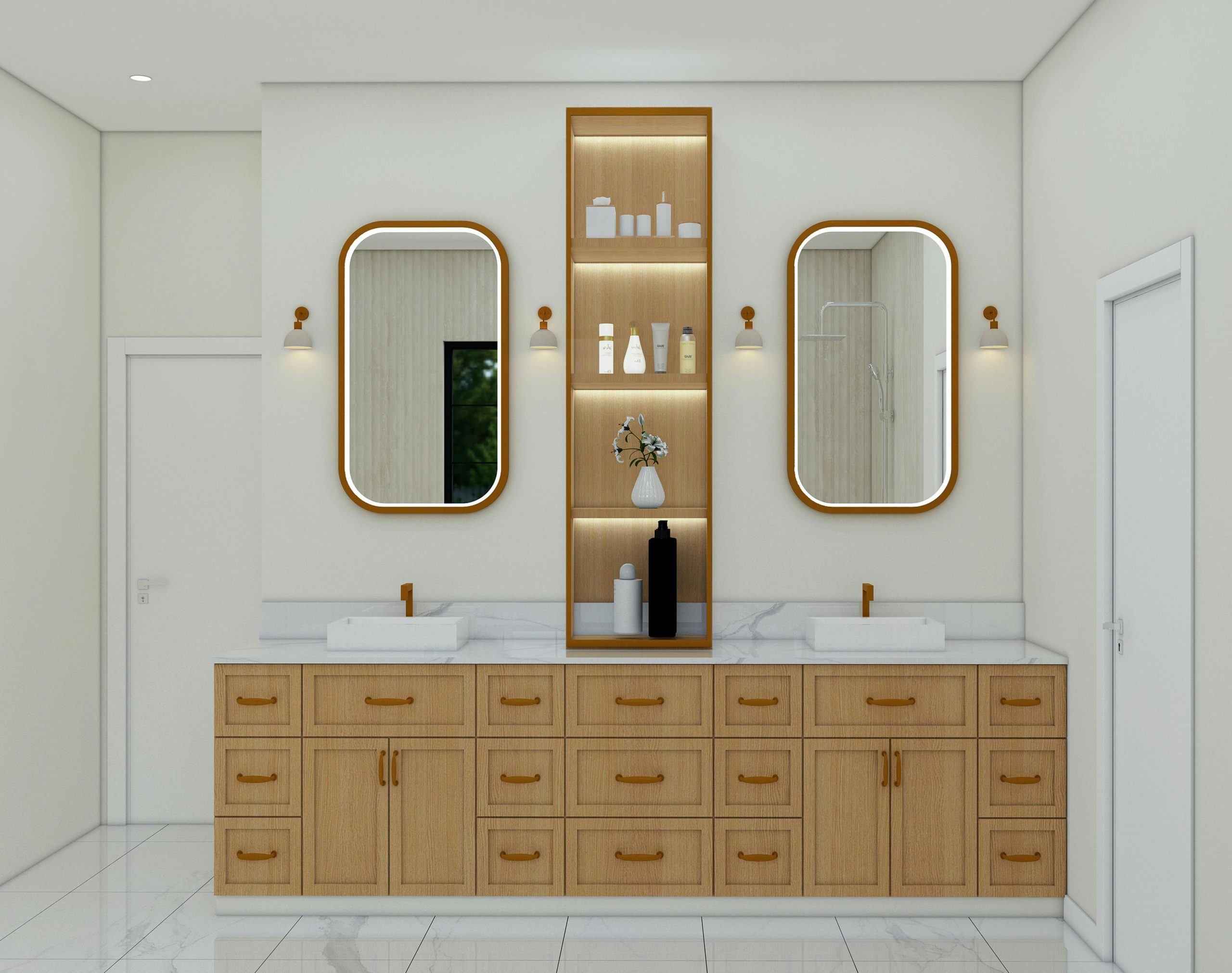 Contemporary bathroom with wooden cabinets, mirrors, and elegant lighting.