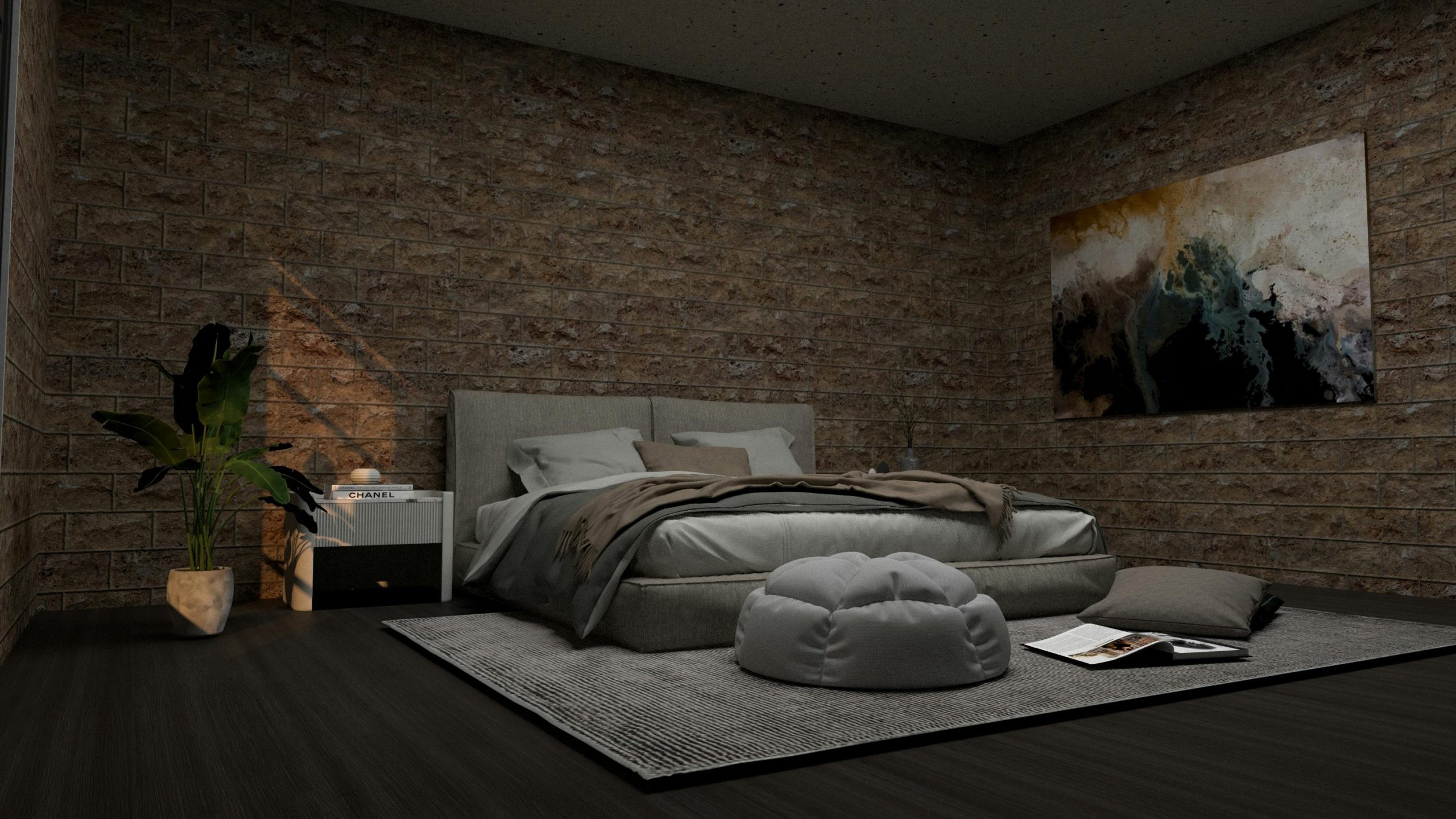 Contemporary bedroom featuring a bed, cushions, and indoor plant against a textured concrete wall.