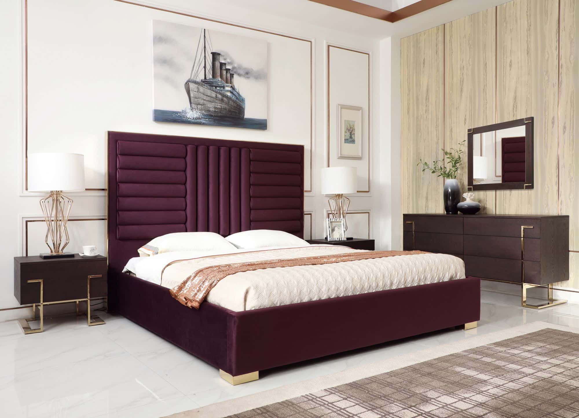 Daystar Eastern King Modern Wine Red Velvet & Gold Bed
