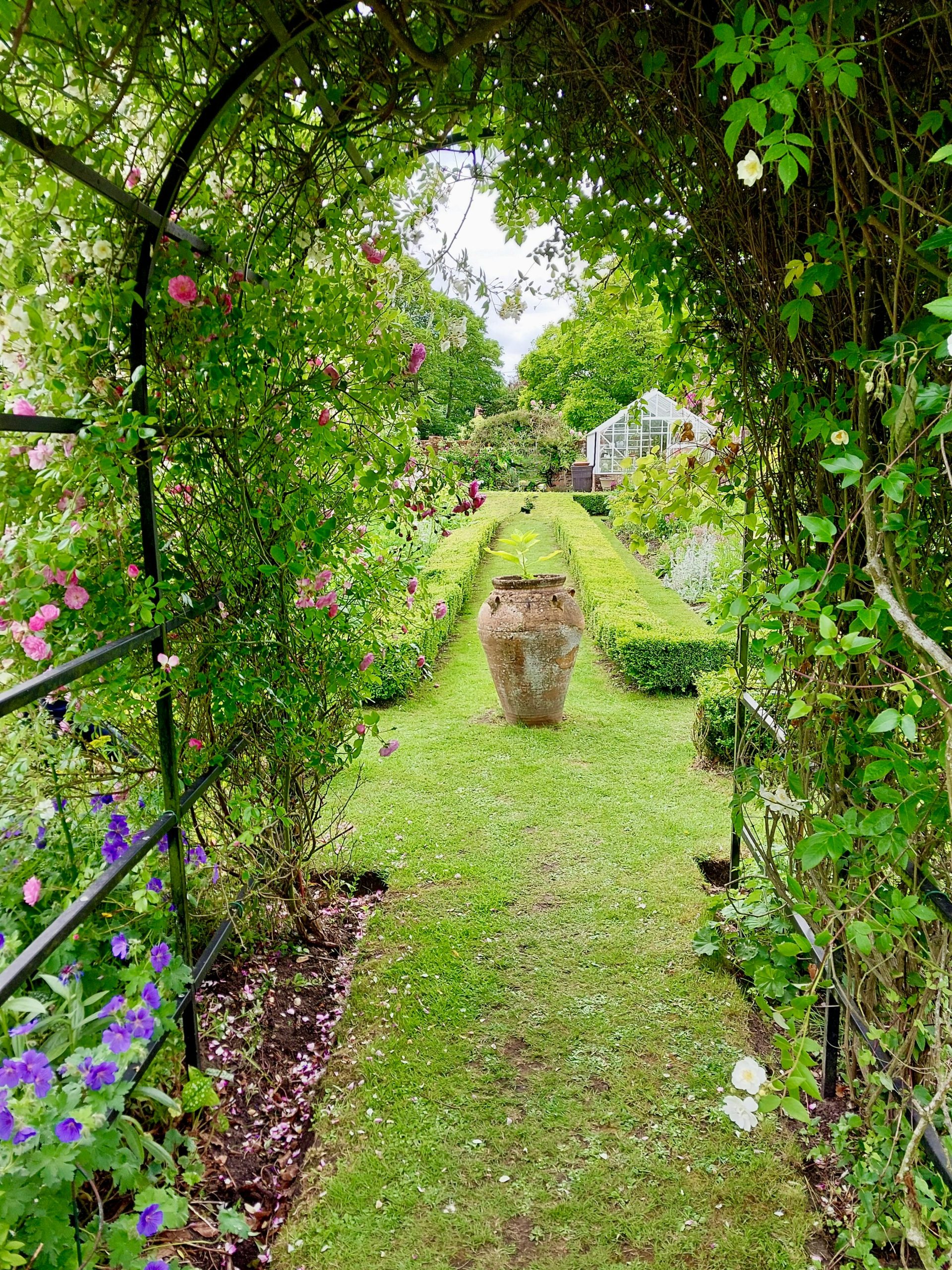Discover a vibrant garden pathway with a flowering arch and ceramic urn centerpiece.