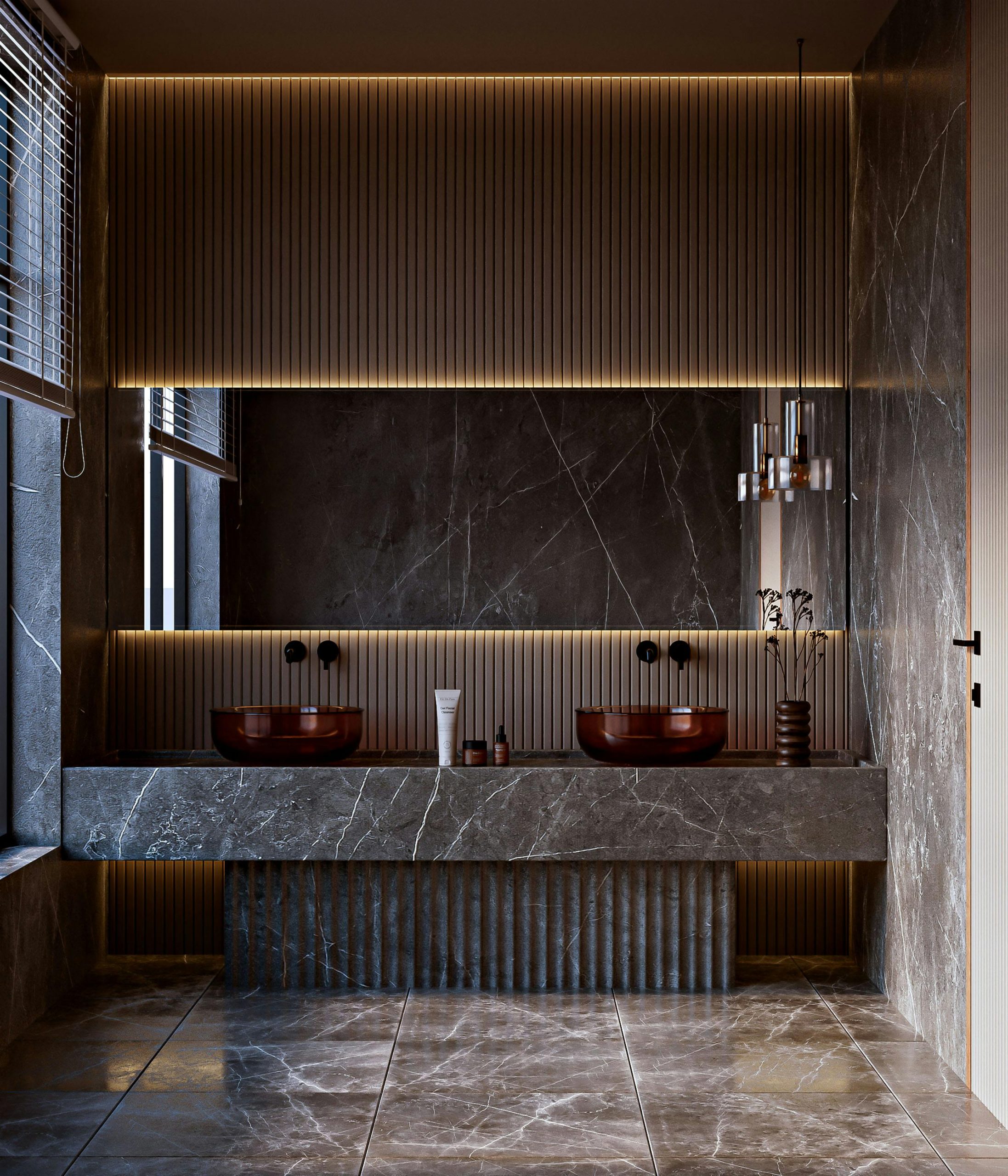 Elegant modern bathroom with marble design, double sink, and ambient warm lighting.