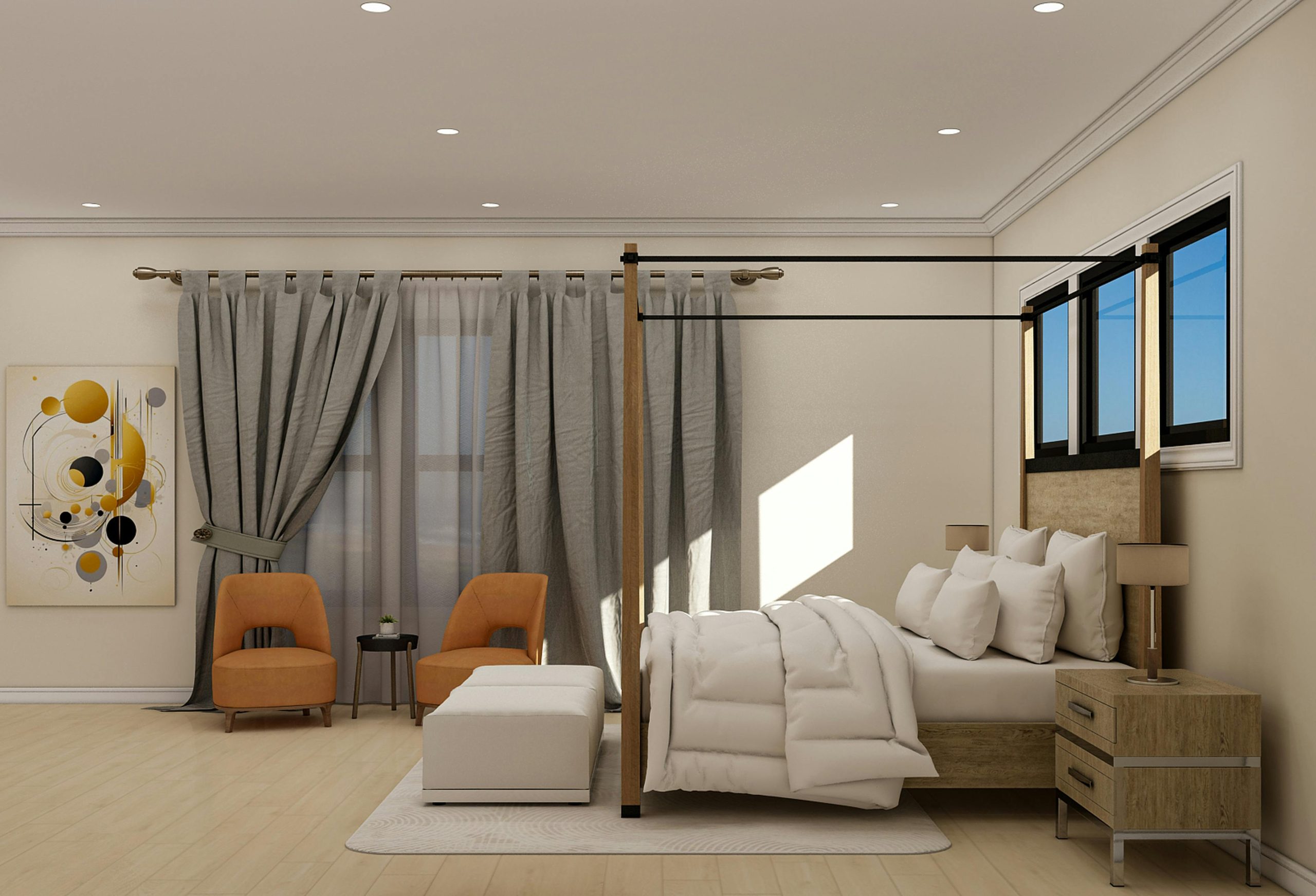 Elegant modern bedroom with cozy seating and minimalist decor, featuring a canopy bed and warm lighting.