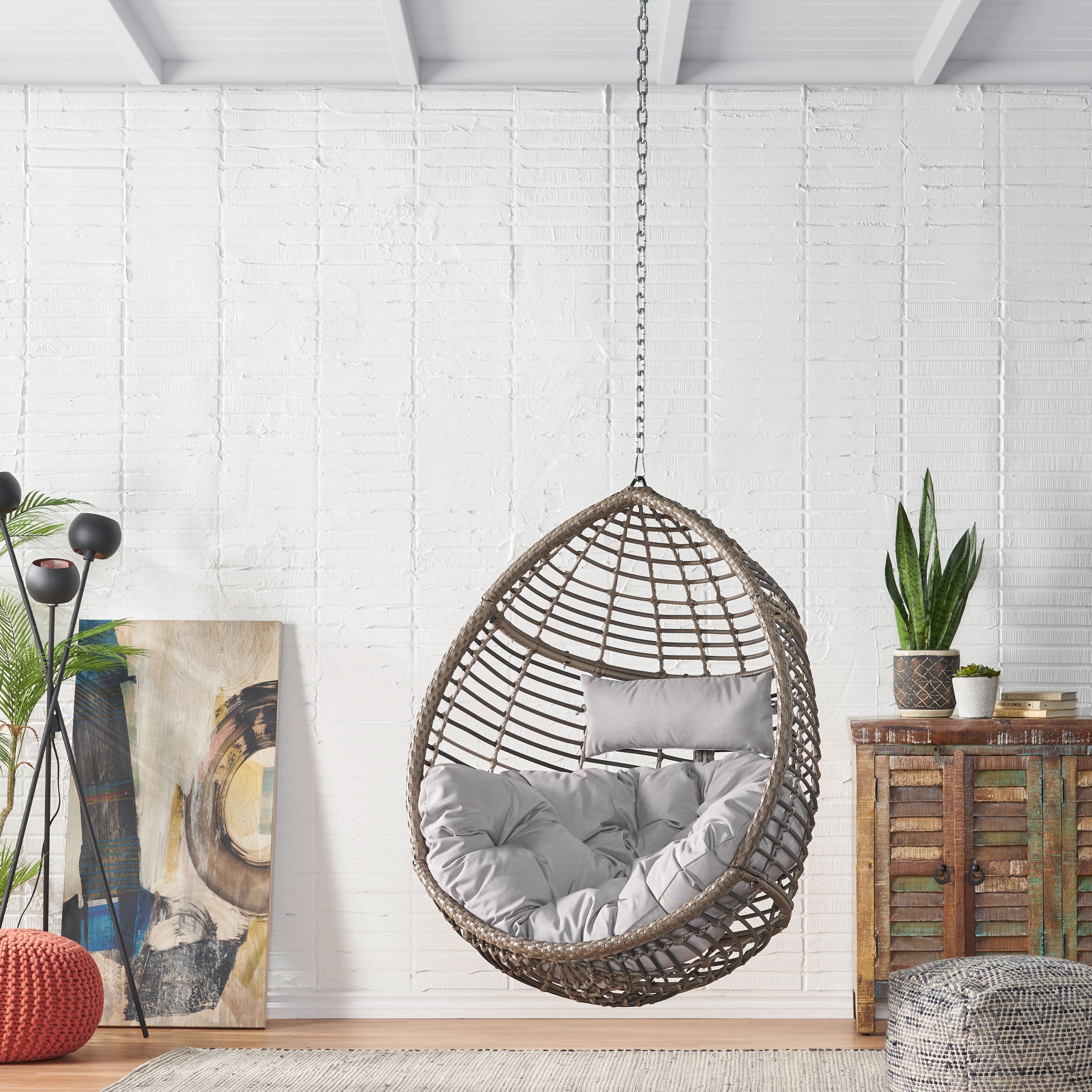 Hempstead Indoor/Outdoor Wicker Hanging Teardrop / Egg Chair (NO STAND – GDFStudio