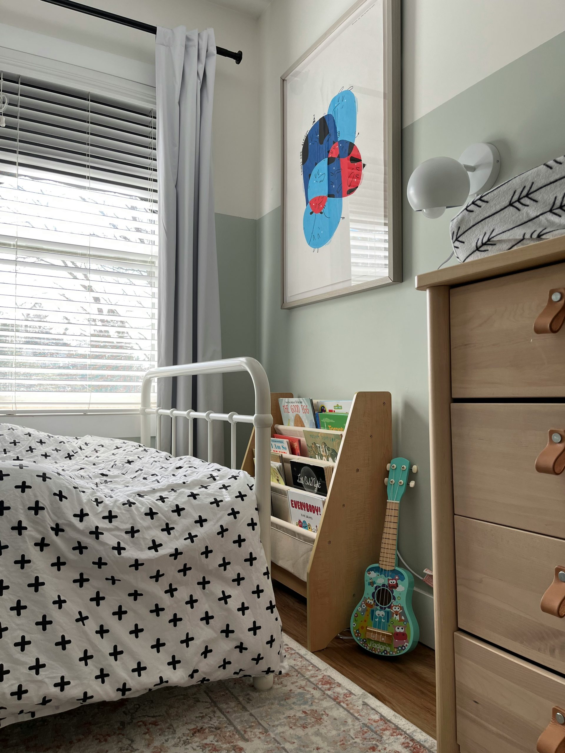 Kids room, books in a montessori style bookshelf