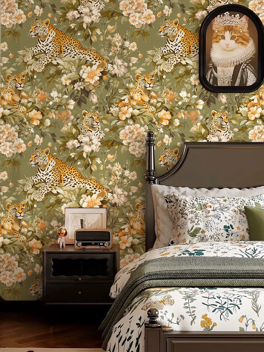 Leopard and Floral Wallpaper