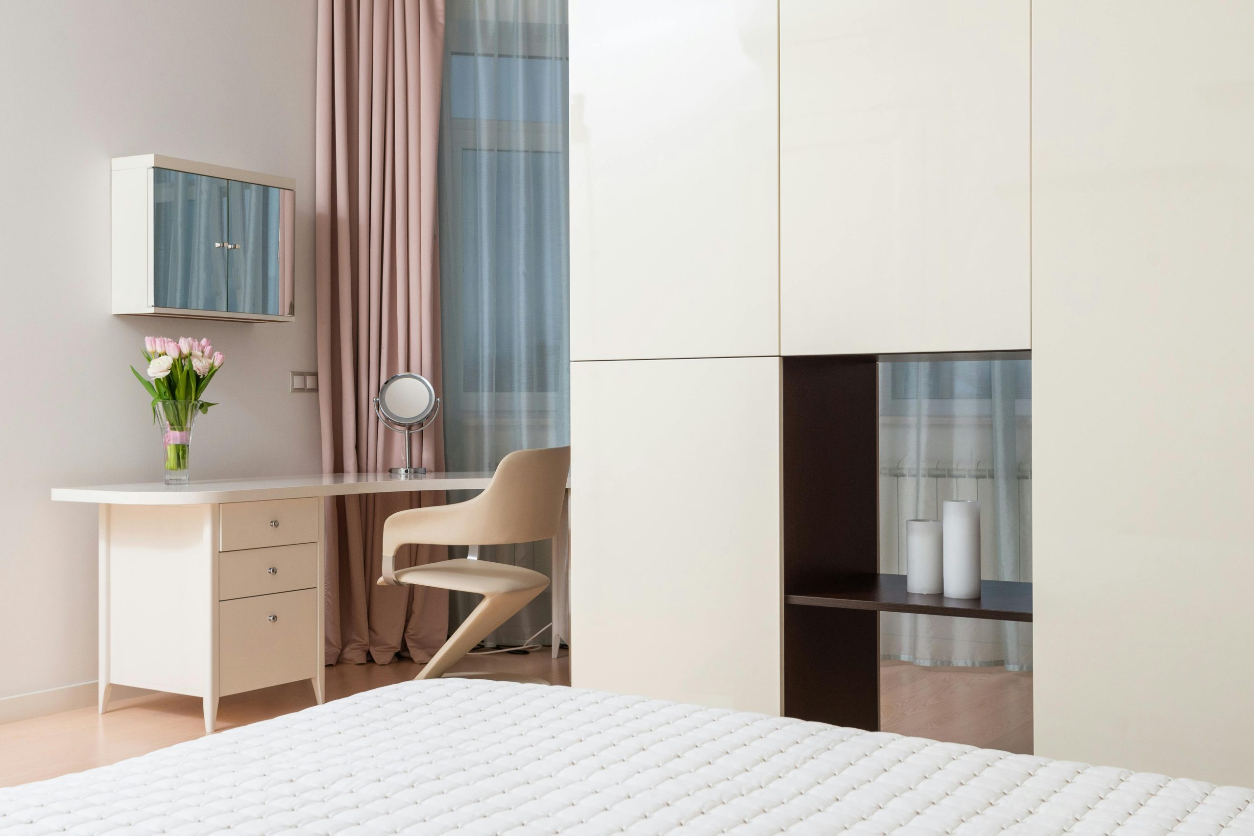 modern neutral bedroom blush blue curtains