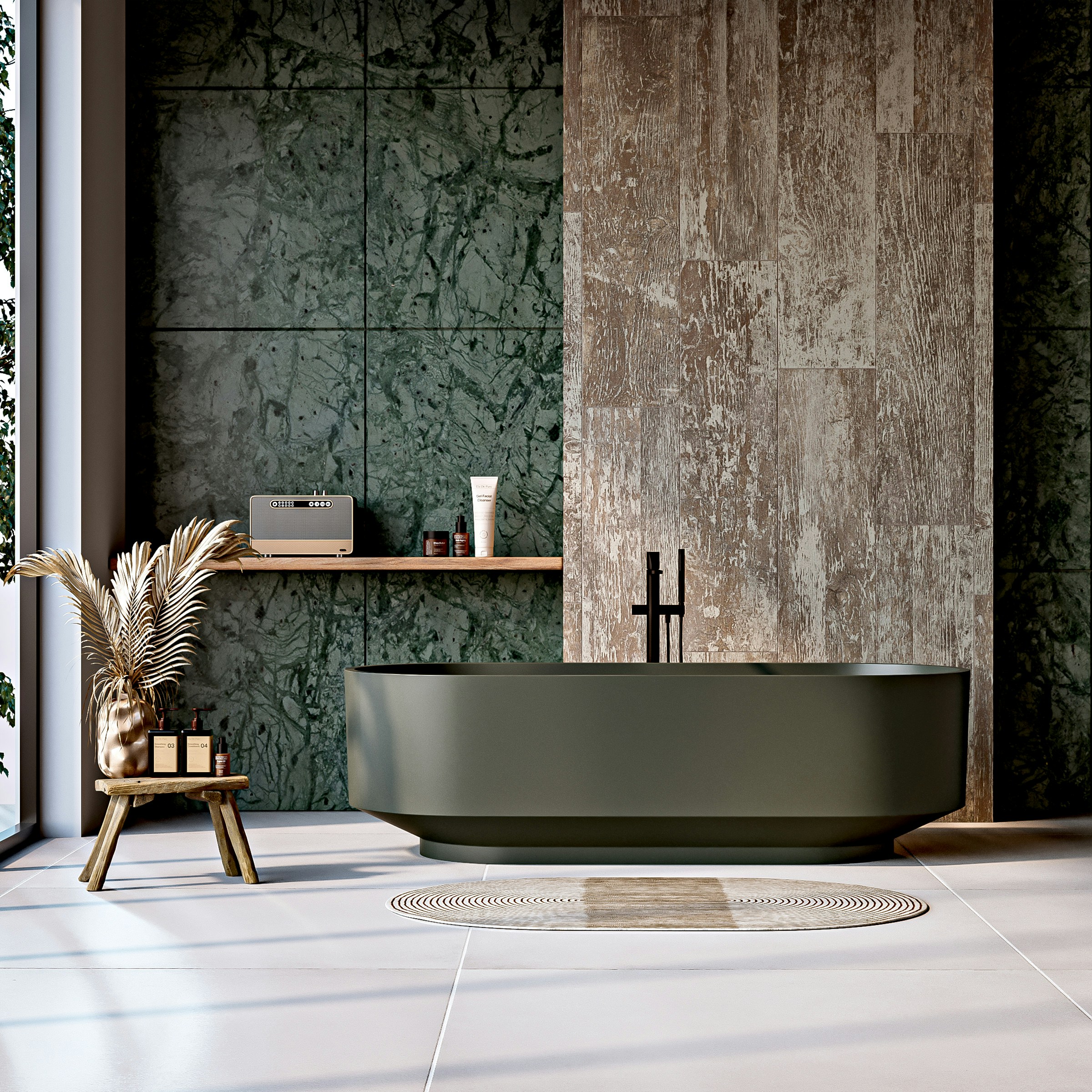 Modern spa-like bathroom featuring a matte olive freestanding tub, natural wood textures, green marble walls, and curated Ela De Pure skincare products. The space exudes luxury, calm, and minimalist d
