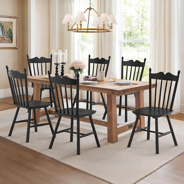 OrangeOne 17 in Black Classic Windsor Dining Chair Farmhouse Solid Wood Armless Kitchen Chairs with Wave Spindle Back Set of 6 DX-BLACK-6