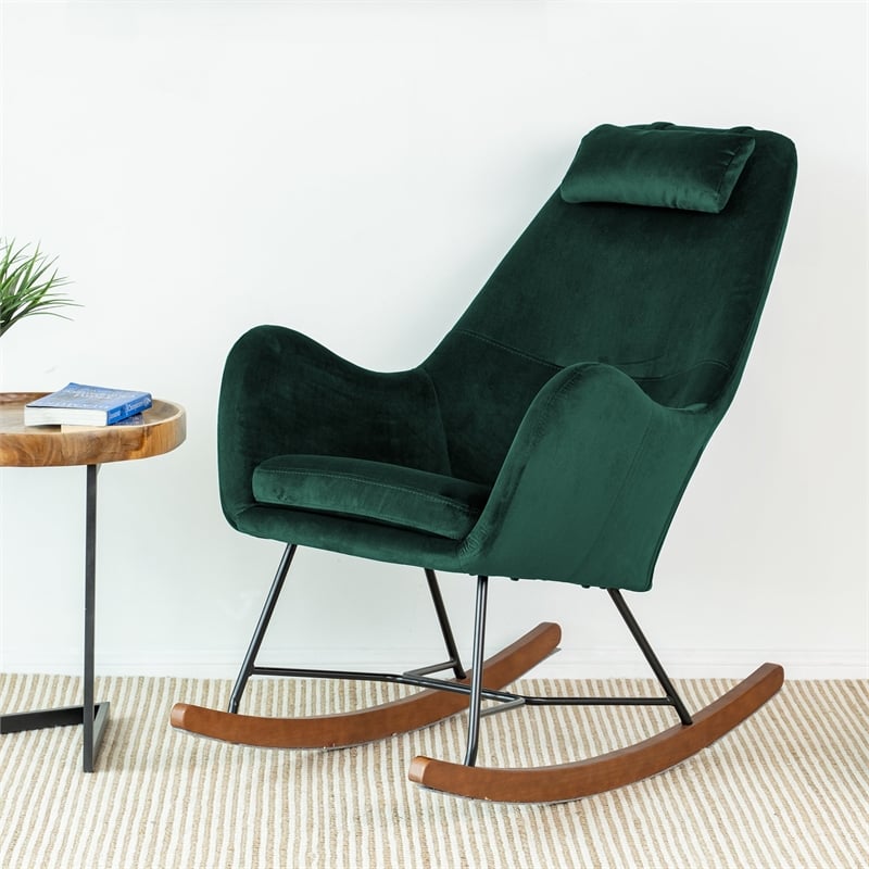 Revi Mid Century Modern Indoor Velvet Nursery Rocking Chairs in Green | Homesquare