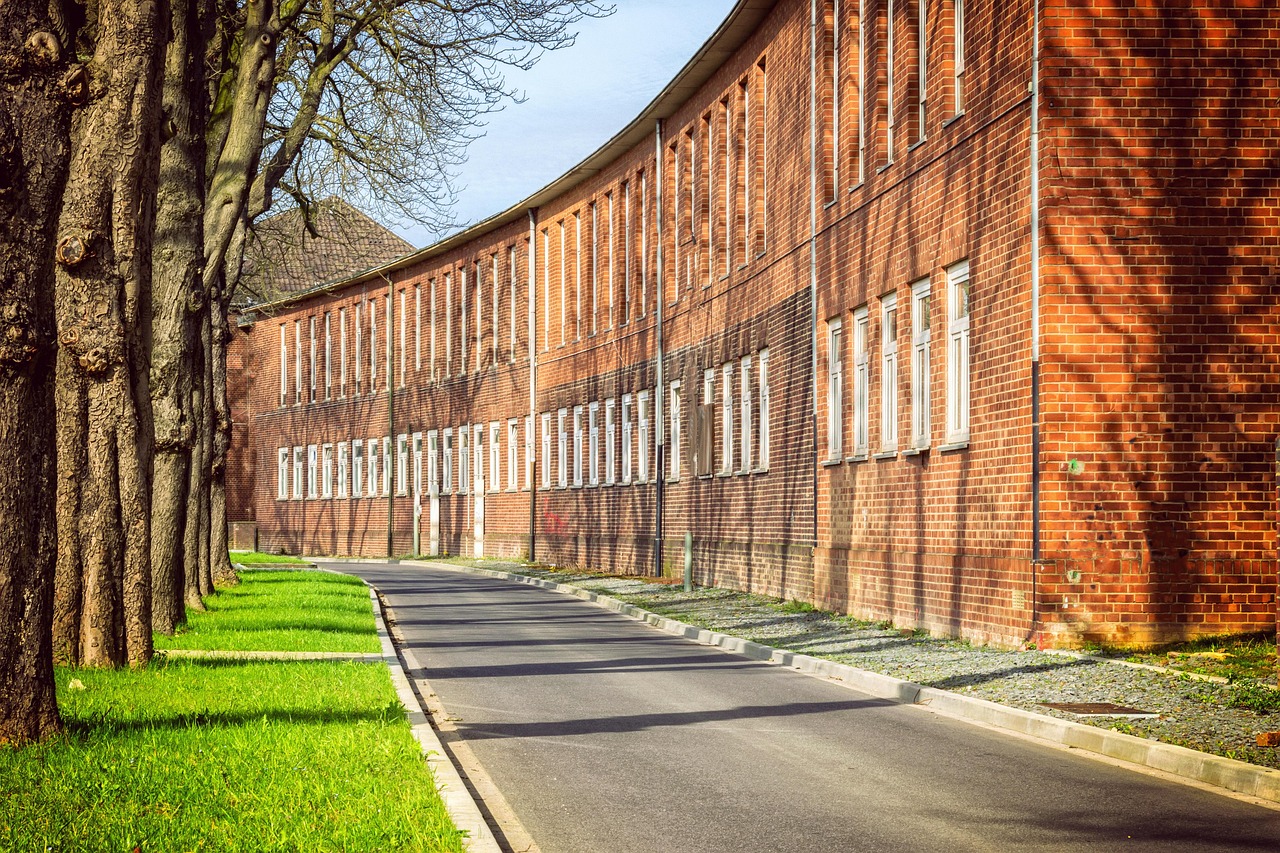 settlement, road, trees, streetscape, facade, brick, bricked up, wall, house, red, historical, nature, architecture, front view, row