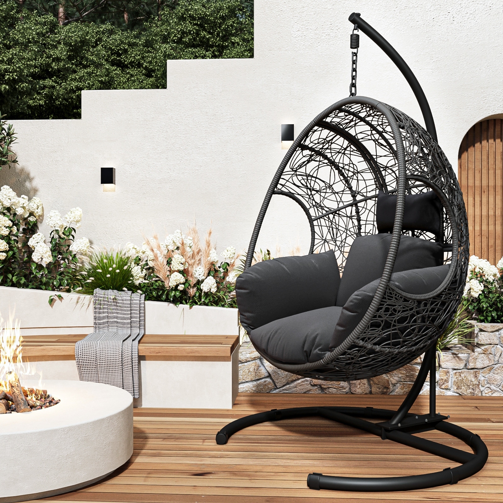 Single Pole Swing Egg Chair PE Wicker Rocking Chair Hammock Chair Hanging Rope Swin Chair Modern Lazy Lounge Chair