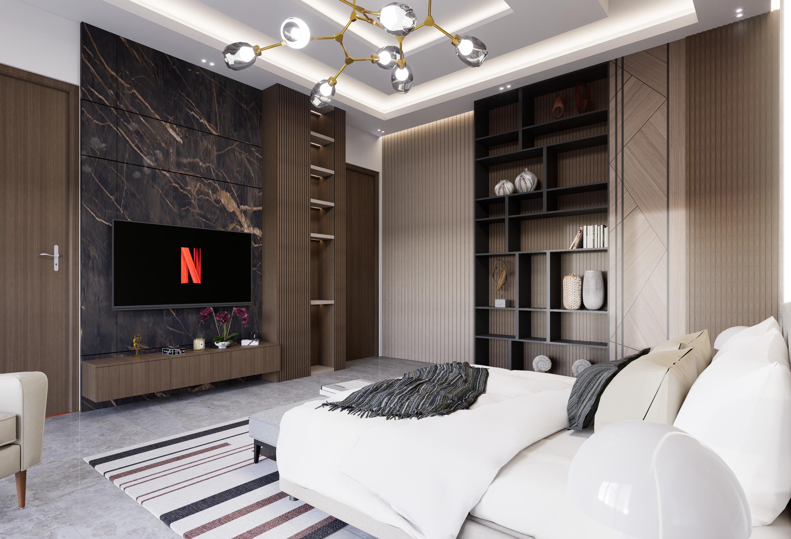Sleek bedroom interior featuring TV, modern design, and ample shelving for a stylish, serene atmosphere.