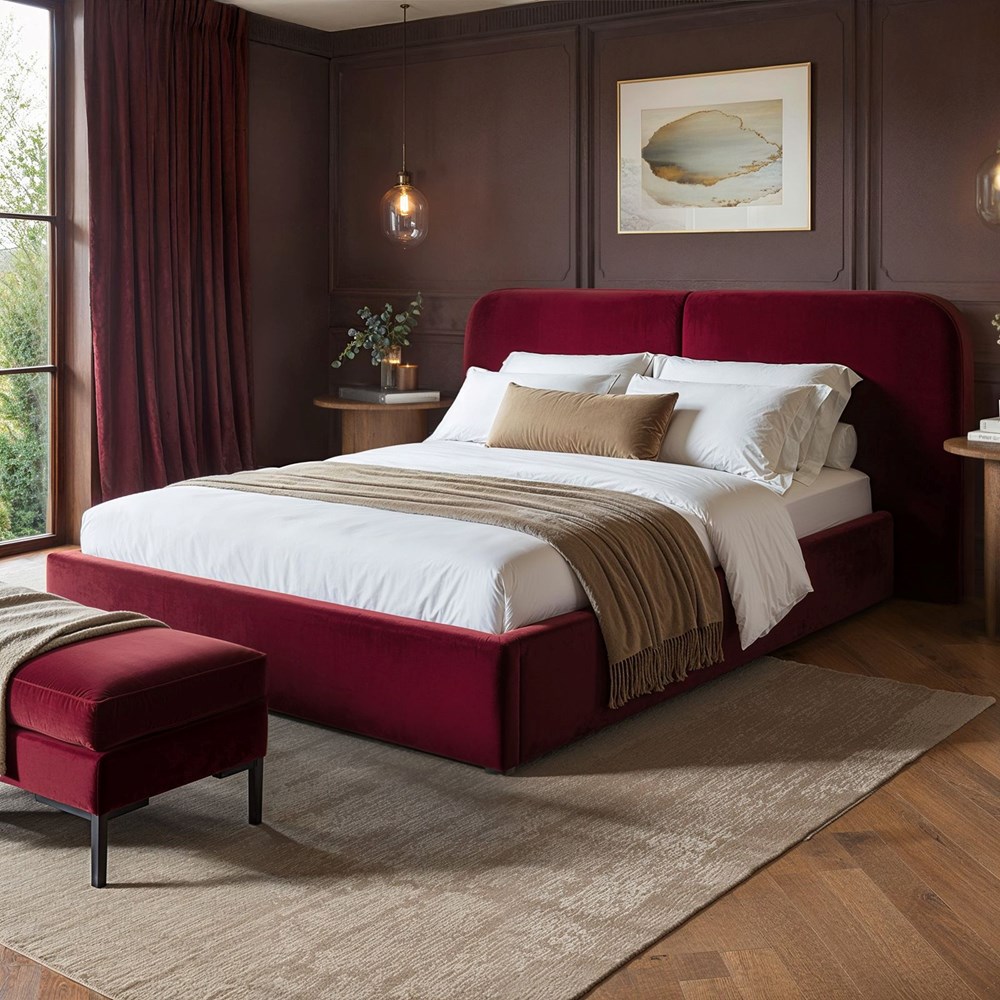 Solace+Co Lena Ottoman Bed Burgundy Velvet