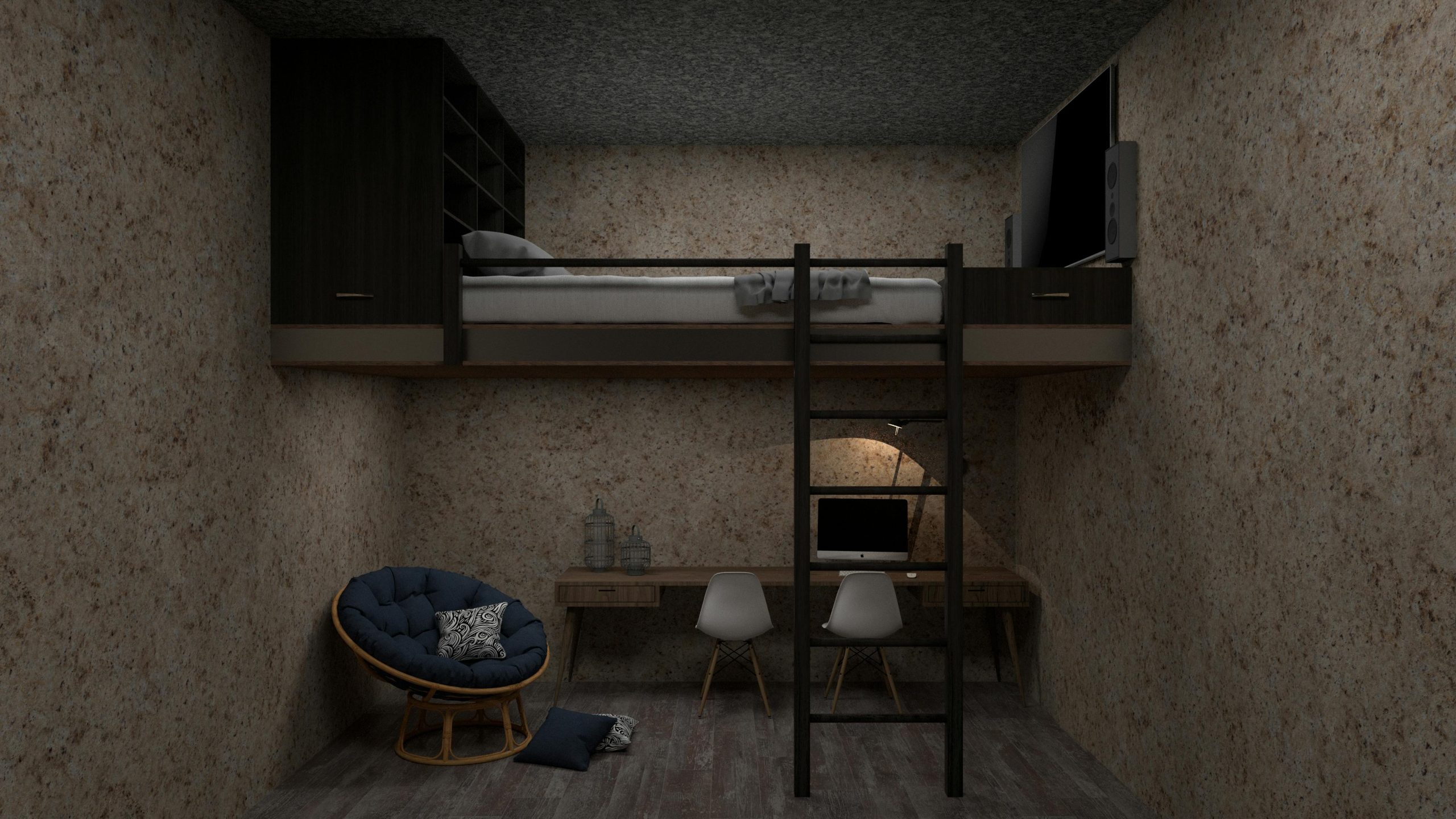 Stylish loft bedroom featuring a bed, workspace, ladder, and chic interior design.