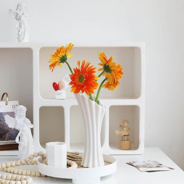 Unbranded Modern White Ceramic Flower Vases for Home Decor 8.5 in., Trumpet Art Wrinkles Vase for Living Room Bedroom Kitchen LS71J9V